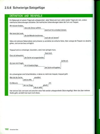2.5.6 Schwierige Satzgefüge
Ein Nebensatz ist seinem Trägersatz untergeordnet. Jeder Nebensatz kann selbst wieder Trägersatz sein, sodass
mehrfache Unterordnungen entstehen. Die mehrfachen Unterordnungen haben die Form von Treppen.
Wir müssen fordern,
dass die Zensur aufhört,
damit wir frei schreiben können.
Wer kennt die Leute,
die die Melodie bestimmen,
nach der wir tanzen?
Sätze mit mehreren Nebensätzen sind schwerer zu verstehen als einfache Sätze. Aber solange die Treppen nur abwärts
gehen, sind sie durchaus erträglich.
Treppauf wird es schwieriger, besonders, wenn man springen muss.
freut mich.
Dass du behauptest,
die Sache sei ausgestanden,
lachte ich.
Als man mich fragte,
ob ich beabsichtige,
die Sache aufzugeben,
Am schwierigsten sind Schachtelsätze, in denen es mehrmals treppab, treppauf geht:
Man hat die Sache, annulliert.
weil es eilte,
Ein Mensch, irrt.
der nur Dinge, glaubt,
die er sieht,
Hier wird ein Satz zerrissen und zwischen seine Teile werden untergeordnete Sätze eingefügt. Wenn das über mehrere
Stufen geht, versteht man kaum noch etwas.
102 Komplexer Satz
 