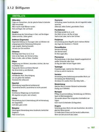 3.1.2 Stilfiguren
oemeuck
Alliteration
Folge von Sinnwörtern, die der gleiche Anlaut in betonter
Silbe hervorhebt
Milch macht müde Männer munter.
Kind und Kegel, hier und heute
Anapher
Wiederholung des Satzanfangs in Satz - und Versfolgen
Zeiten kommen, Zeiten gehen.
Antithese (Gegensatz)
Gegenüberstellung von Aussagen oder von Wörtern mit
entgegengesetzter Bedeutung (Antonyme)
Lüge vergeht, Wahrheit besteht.
Jenseits von Gut und Böse
Chiasmus
Wortfolge über Kreuz (a÷b, b+a)
Grün ist die Heide, der Himmel ist blau.
Natur ist alles, alles ist Natur. (Goethe)
Ellipse
Weglassung von Wörtern, besonders solchen, die man
erschließen kann
Fang große Sterne und kleine (Sterne)!
Der Arme trinkt zu viel (Alkohol).
Euphemismus
verhüllendes Wort, Beschönigung
von uns gehen (für sterben)
freisetzen (für entlassen)
Hyperbel
Übertreibung (vergrößernd/verkleinernd)
Tausendmal berührt, tausendmal ist nichts passiert.
Klimax
Schrittweise Steigerung von Ausdrücken
Wir ärgerten uns grün, nein schwarz.
Litotes
Hervorhebung durch Untertreibung (oft mit Verneinung
des Gegenteils)
nicht übel, ganz schön
Metapher
Übertragene Verwendung eines Ausdrucks (verkürzter
Vergleich)
Peter ist ein Fuchs.
Oxymoron
Verbindung zweier Ausdrücke, die sich eigentlich wider-
sprechen
bittersüß, helles Dunkel, geordnetes Chaos
Parallelismus
Wortfolge parallel (a+b, a+b)
Der Wahn ist kurz, die Reu ist lang.
Heiß ist die Liebe, kalt ist der Schnee.
Periphrase
Umschreibung eines Begriffs durch mehrere Wörter
das Auge des Gesetzes (. Polizist)
Personifikation
Vermenschlichung
Der Himmel weint.
Ihr Knie sagte alles.
Pleonasmus
Wortverbindung, in der etwas doppelt ausgedrückt ist
weißer Schimmel; alter Greis
So flog der Adler mit den Flügeln dahin.
Tautologie
Doppelaussage, zweimal das Gleiche sagen
Ich tue es und ich mache es.
Variation
Verwendung eines bedeutungsverwandten Worts zur
Vermeidung der Wiederholung
Sie bekam ihr zweites Kind. Das Baby hatte ...
Wiederholung
Gleiches Wort in kurzem Abstand nacheinander
(häufig auch Stilfehler)
Wortspiel
Pfiffige Zusammenstellung, Veränderung von Wörtern,
Spiel mit Mehrdeutigkeiten
Sie werden diesen Plan rückgratlos (rückhaltlos) ver-
folgen.
Kuhn macht Schlafzeilen (Schlagzeilen).
Zeugma
Verbindung eines Worts mit zwei Ausdrücken, die nicht in
gleicher Weise passen
Ich heiße Heinz Erhard und Sie herzlich willkommen.
Nimm dir Zeit und nicht das Leben.
Text 107
 