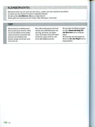 Manchmal richtet man sich nicht nach dem Genus, sondern nach dem natürlichen Geschlecht.
So erklärt sich das feminine Pronomen in folgendem Beispiel:
Wir alle suchten das Mädchen. Sie war ja lange bekannt.
Ähnlich geht man manchmal vor bei Fräulein, Weib, Mannequin, Fotomodell.
, K1FINC11:1>1.10, rEs m«.[. - • ,.. , ... 1,1,7,11.EZL!,1% VARIAN7ENK LHANUMNU .A.. AUSNAFINTFN SONPFRENI 11 , 71snrr VARIANT ENKI.F.INGEDIV,TES PRO'', ENTE 11F111,1., %MA,
TIPP
Abwechslung ist empfehlenswert,
aber sie kann auch verwirren. Wenn
man für das Gleiche immer wieder
andere Ausdrücke verwendet oder
zwischen verschiedenen Aus-
drücken springt, kommt der Leser
nicht mehr mit.
Man sollte ein Bezugswort nicht auf-
nehmen durch Allerweltswörter wie:
das Ding, die Sache, der Gegen-
stand. Sie bringen keine Information
und können sogar verwirren, weil
sie für alles Mögliche passen:
Wir tauschten das Motorrad gegen
ein Auto. Dieses-alte Ding/Die
alte Maschine hat uns lange ge-
ärgert.
Wir tauschten das Auto gegen ein
Motorrad. Der alte Wagen hat uns
lange geärgert.
110 Text
 