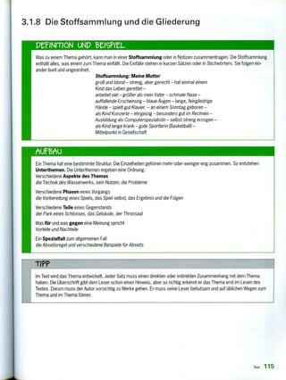 -riPP
Im Text wird das Thema entwickelt. Jeder Satz muss einen direkten oder indirekten Zusammenhang mit dem Thema
haben. Die Überschrift gibt dem Leser schon einen Hinweis, aber so richtig erkennt er das Thema erst im Lesen des
Textes. Darum muss der Autor vorsichtig zu Werke gehen. Er muss seine Leser behutsam und auf üblichen Wegen zum
Thema und im Thema führen.
AUrietU
Ein Thema hat eine bestimmte Struktur. Die Einzelheiten gehören mehr oder weniger eng zusammen. So entstehen
Unterthemen. Die Unterthemen ergeben eine Ordnung:
Verschiedene Aspekte des Themas
die Technik des Wasserwerks, sein Nutzen, die Probleme
Verschiedene Phasen eines Vorgangs
die Vorbereitung eines Spiels, das Spiel selbst, das Ergebnis und die Folgen
Verschiedene Teile eines Gegenstands
der Park eines Schlosses, das Gebäude, der Thronsaal
Was für und was gegen eine Meinung spricht
Vorteile und Nachteile
Ein Spezialfall zum allgemeinen Fall
die Abseitsregel und verschiedene Beispiele für Abseits
Was zu einem Thema gehört, kann man in einer Stoffsammlung oder in Notizen zusammentragen. Die Stoffsammlung
enthält alles, was einem zum Thema einfällt. Die Einfälle stehen in kurzen Sätzen oder in Stichwörtern. Sie folgen ein-
ander bunt und ungeordnet.
Stoffsammlung: Meine Mutter
groß und blond — streng, aber gerecht— hat einmal einem
Kind das Leben gerettet—
arbeitet viel größer als mein Vater — schmale Nase —
auffallende Erscheinung — blaue Augen — lange, feingliedrige
Hände — spielt gut Klavier. — an einem Sonntag geboren —
als Kind Konzerte — ehrgeizig — besonders gut im Rechnen —
Ausbildung als Computerspezialistin — selbst streng erzogen —
als Kind lange krank — gute Sportlerin (Basketball)
—Mittelpunktin Gesellschaft
3.1.8 Die Stoffsammlung und die Gliederung
Text 1 15
 