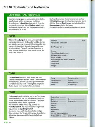 Ein Protokoll stellt in sachlicher und kurzer Form ein ab-
gelaufenes Ereignis dar, zum Beispiel eine Unterrichts-
stunde, eine Konferenz, eine Versammlung. Den Haupt-
teil bilden der Verlauf und die Ergebnisse.
Wer mehr Wert auf den Verlauf legt, schreibt ein
Verlaufsprotokoll. Wer mehr Wert auf die Ergebnisse
legt, schreibt ein Ergebnisprotokoll.
Aber immer muss das Protokoll eine Reihe wichtiger
Daten enthalten. Den Verlauf stellt man aus der zeitlichen
Abfolge dar. Man verwendet fast ausschließlich das
Präsens.
Gegenstand:
Zeit: Ort:
Teilnehmer: Anwesende:
Themen:
Beginn:
Verlauf:
Ergebnisse:
Ende:
Ort und Zeit (der Abgabe):
Protokollführer: Unterschrift:
Mit einer Bewerbung will ich einen Adressaten über
mich selbst informieren, der Bewerber wird das aber so
tun, dass der Adressat ihn auswählt. Deshalb wird er sich
in einem günstigen Licht darstellen (aber sachlich und
nicht übertrieben). Für den Erfolg einer Bewerbung ist
nötig, dass sie alle wichtigen Daten enthält und der üb-
lichen Form entspricht.
Briefkopf Datum
Adresse des Adressaten
ihre Anzeige vom ...
Anrede
Hiermit bewerbe ich mich
Ich bewerbe mich, weil
Bisher habe ich ...
Empfehlungen und weitere Auskünfte
Grußformel
Unterschrift
Anlagen
' rom
Ein Lebenslauf dient dazu, einen andern über sein
Leben zu unterrichten. Meistens hat der Lebenslauf einen
offiziellen Zweck. Er kann ausführlich geschrieben sein
oder tabellarisch. Für beide Formen gibt es eingeführte
Muster. Muster eines tabellarischen Lebenslaufs:
Name: Fremdsprachen:
Geburtsdatum: Hobbys:
Geburtsort: Beruf(swunsch):
Eltern: Schulbildung:
3.1.10 Textsorten und Textformen
Texte kann man gruppieren nach verschiedenen Sorten.
Jede Textsorte hat ihre formalen und inhaltlichen
Besonderheiten. In Gedichten finden wir oft Verse, be-
sonderen Rhythmus und Reime. Kochrezepte bringen
die Zutaten in Stichwörtern, den Kochablauf ausführlich
und das Produkt oft im Bild.
Nach den Zwecken der Textsorte richtet sich auch der
Stil. Briefe können persönlich gehalten sein oder aber in
offizieller Sprache. Nachrichten sind betont sachlich,
Kommentare enthalten Wertungen.
Für die meisten Textsorten gibt es Vorbilder und Muster.
118 Text
 
