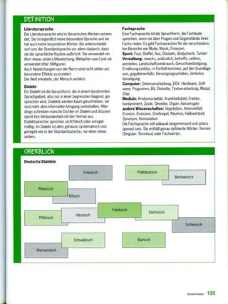 DeiNrrioN
Literatursprache
Die Literatursprache wird in literarischen Werken verwen-
det. Sie ist eigentlich keine besondere Sprache und sie
hat auch keine besonderen Wörter. Sie unterscheidet
sich von der Standardsprache vor allem dadurch, dass
sie die sprachliche Routine aufbricht: Sie verwendet ein
Wort etwas anders (Abweichung, Metapher usw.) und sie
verwendet öfter Stilfiguren.
Auch Abweichungen von der Norm sind nicht selten um
besondere Effekte zu erzielen:
Die Welt erkaltete, der Mensch verblich.
Dialekt
Ein Dialekt ist die Sprachform, die in einem bestimmten
Sprachgebiet, also nur in einer begrenzten Gegend, ge-
sprochen wird. Dialekte werden kaum geschrieben, sie
sind mehr dem informellen Umgang vorbehalten. Aller-
dings schreiben manche Dichter im Dialekt und drücken
damit ihre Verbundenheit mit der Heimat aus.
Dialektsprecher sprechen nicht falsch oder unregel-
mäßig. Im Dialekt ist alles genauso systematisch und
geregelt wie in der Standardsprache, nur eben etwas
anders.
Fachsprache
Eine Fachsprache ist die Sprachform, die Fachleute
sprechen, wenn sie über Fragen und Gegenstände ihres
Fachs reden. Es gibt Fachsprachen für die verschiedens-
ten Bereiche wie Mode, Musik, Finanzen.
Sport: Foul, Staffel, Aus, Disziplin, Bodycheck, Turnier
Verwaltung: zwecks, anlässlich, betreffs, seitens,
anmieten, Landschaftsverbrauch, Geruchsbelästigung,
Ernährungssektor, in Fortfall kommen, auf der Grundlage
von, gegebenenfalls, Versorgungsurheber, Verkehrs-
beruhigung
Computer: Datenverarbeitung, EDV, Hardware, Soft-
ware, Programm, Bit, Diskette, Textverarbeitung, Modul,
Chip
Medizin: Krebsmortalität, Krankheitsbild, Fraktur,
kontaminiert, Zyste, Gewebe, Organ, kanzerogen
andere Wissenschaften: Vegetation, Artenvielfalt,
Erosion, Emission, Greifvogel, Neutron, Halbwertzeit,
Synonym, Konnotation
Die Fachsprache soll adäquat (angemessen) und präzis
(genau) sein. Sie enthält genau definierte Wörter: Termini
(Singular: Terminus) oder Fachwörter.
Hessisch
Fränkisch
Sächsisch
Kölsch
Rheinisch
Deutsche Dialekte
Plattdeutsch
Berlinerisch
Schlesisch
Pfälzisch
Friesisch
Schwäbisch
Alemannisch
Sprachwissen 135
 