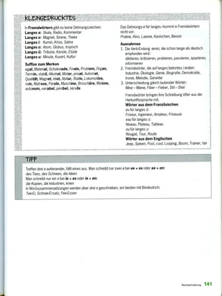 eue
n.aI. II I I /I II IN, I 11,45111 , I,
LA Ar l
yy AlrrAl<1.re,
A;
•2j giVITCY*;
In Fremdwörtern gibt es keine Dehnungszeichen:
Langes a: Skala, Radio, Kommentar
Langes e: Magnet, Sirene, Theke
Langes 1: Kamin, Krise, Satire
Langes o: Atom, Globus, tropisch
Langes ü: Tribüne, Kanüle, Etüde
Langes u: Minute, Kuvert, Kultur
Suffixe zum Merken
egal, Material, Schokolade, Finale, Problem, Organ,
Termin, stabil, Alkohol, Motor, privat, Automat,
Qualität, Magnet, Idiot, Abitur, Stativ, Lokomotive,
naiv, Matrose, Parole, Maschine, Broschüre, Melone,
autonom, variabel, penibel, nervös
Yele,
Ir AUNNAME, anieezem.
Das Dehnungs-e für langes i kommt in Fremdwörtern
nicht vor:
Praline, Kino, Lawine, Kaninchen, Benzin
Ausnahmen
1. Die Verb-Endung -ieren, die schon lange als deutsch
empfunden wird: 5
diktieren, kritisieren, probieren, passieren, spazieren,
informieren
2. Fremdwörter, die auf langes betontes i enden:
Industrie, Ökologie, Genie, Biografie, Demokratie,
Ironie, Melodie, Garantie
3. Unterscheidung gleich lautender Wörter:
Mine — Miene, Fiber — Fieber, Stil — Stiel
Fremdwörter bringen ihre Schreibung öfter aus der
Herkunftssprache mit.
Wörter aus dem Französischen
eu für langes ö:
Friseur, Ingenieur, Amateur, Friseuse
eau für langes o:
Niveau, Plateau, Tableau
ou für langes u:
Nougat, Tour, Route
Wörter aus dem Englischen
Jeep, Spleen, Pool, cool, Looping, Boom, Trainer, fair
TIPP
Treffen drei e aufeinander, fällt eines aus. Man schreibt nur zwei e bei ee + es oder ee + en:
des Tees, des Schnees, die Ideen
Man schreibt nur ein e bei ie + es oder ie + en:
die Kopien, die Industrien, knien
In Wortzusammensetzungen werden aber drei e geschrieben, am besten mit Bindestrich:
Tee-Ei, Schnee-Ersatz, Fee-Essen
Rechtschreibung 141
 