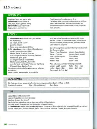 OteleLICk
Es gibt im Deutschen zwei s-Laute: Es gibt aber drei Schreibungen: s, ß, ss.
Stimmloses (auch scharfes) s: Die Unterschiede kann man im Allgemeinen nicht hören.
Gras, Post, Masse, gewiss, fleißig Selbst der Unterschied zwischen stimmlosem und
Stimmhaftes (auch weiches) s: stimmhaftem s wird in vielen süddeutschen Gegenden
Sage, grasen, summen, lose nicht gemacht.
ReGrLN
1. Stimmhaftes s wird immer mit s geschrieben:
Am Wortanfang:
so, singen, Sucht, sausen
Zwischen Vokalen:
Reise, böse, lesen, tausend, Wiese
2. Für stimmloses s gibt es alle drei Schreibungen:
ss nach kurzem betontem Vokal:
Messer, Tasse, Schlüssel, bisschen
ß nach langem Vokal oder Diphthong (Zwielaut):
heißen, Ruß, groß, grüßt
s in einigen Fällen vor Konsonanten:
Maske, Kasper, fast, Mist, Schwester
s am Wortende nach langem Vokal oder Diphthong
(Zwielaut): Haus, Glas, las, Preis
Stimmloses und stimmhaftes s kommen nur selten als
Kontrast vor:
reisen — reißen, weise — weiße, Muse — Muße
ss ist wie andere Doppelkonsonanten ein Kürzungs-
zeichen. Es steht für stimmloses s nach kurzem beton-
tem Vokal: fressen, lassen, fassen, gebissen, Masse
(aber: Maße mit langem a)
Die Schreibung bleibt nach dem Stammprinzip durch alle
Wortformen erhalten:
Flüsse — Fluss, Flusspferd küssen — Kuss, küssten
Tasse — Tässchen hassen hasst, hässlich
Gruß — grüßen — grüßt Glas — Gläser
reißen — reißt reisen — reist
heißen — hieß blasen — blies
Aber aufpassen, wenn die Vokallänge wechselt:
wissen — weiß — wusste fließen — floss — Fluss
reißen — rissen — Riss lassen — ließ — lass
Darum auch: lies! — er ließ
pezu.s.2s11*It111,I..tiMV,1111 -M7'1177,/7.117„
grA7,1,K11:1,71(111,097S9tij Rumf;Au4Noni
14%0
,
71:tEN't)".ZAPLIP'z'if
iM
weee er(79i"31rIeljeAlfg "'1114' 6197111,1717117 ÄihNellgre
PALL
3.3.3 s-Laute
Die Endungen -is, -us, -as werden oft mit einfachem s geschrieben, obwohl im Plural ss steht:
Erlebnis — Erlebnisse Atlas — Atlasse (Atlanten) Bus — Busse
DRUCKTE:
41/1sotioutrA,,,,,,, v.,FtrAN-rrN hNIE Ar tiNAI KA; rn INII , ,1 1,LIMICKIES 17920111£1113 ü sr MINII,505E0!1117.11171777/711:47‘1,77.
TIPP
Int011rnik,A111,112:i> 171,2.N1Mnek,M11747TENUi•Kki1FeXgA AOPIEME
das und dass nicht verwechseln!
dass ist Konjunktion vor einem Gliedsatz:
Zweifelst du, dass das stimmt?
Den Artikel das erkennt man daran, dass er ersetzbar ist durch dieses.
Auch alle andern Verwendungen von das werden mit s geschrieben.
In Fremdwörtern werfen die s-Laute keine größeren Probleme auf. Man sollte sich aber einige wichtige Wörter merken:
Pistole, Person, rosa, Friseur, Industrie, Basis, Zirkus, Adresse, Interesse, Fassade, Kongress, Fairness
142 Rechtschreibung
 