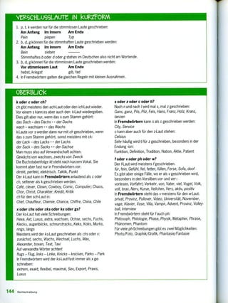 eLlCkC
k oder c oder ch?
ch gibt meistens den ach-Laut oder den ich-Laut wieder.
Vor einem s kann es aber auch den k-Laut wiedergeben.
Dies gilt aber nur, wenn das s zum Stamm gehört:
das Dach — des Dachs < ∎ der Dachs
wach — wachsam < > das Wachs
k-Laute vor s werden dann nur mit ch geschrieben, wenn
das s zum Stamm gehört, sonst meistens mit ck:
der Lack — des Lacks H der Lachs
der Sack — des Sacks der Sachse
Man muss also auf Verwandschaft achten:
Gewächs von wachsen, zwecks von Zweck
Die Buchstabenfolge kt steht nach kurzem Vokal. Sie
kommt aber fast nur in Fremdwörtern vor:
direkt, perfekt, elektrisch, Taktik, Punkt
Der k-Laut kann in Fremdwörtern anlautend als c oder
ch, seltener als k geschrieben werden:
Cafe, clever, Clown, Cowboy, Comic, Computer; Chaos,
Chor, Christ, Charakter; Kredit, Kritik
ch für den sch-Laut in:
Chef, Chauffeur, Chemie, Chance, Chiffre, China, Chile
x oder chs oder cks oder ks oder gs?
Der ks-Laut hat viele Schreibungen:
Hexe, Axt, Luxus, extra, wachsen, Ochse, sechs, Fuchs,
Klecks, augenblicks, schnurstracks, Keks, Koks, Murks,
rings, längs
Meistens wird der ks-Laut geschrieben als chs oder x:
zunächst, sechs, Wachs, Wechsel, Luchs, Max,
Alexander, boxen, Text, Taxi
Auf verwandte Wörter achten!
flugs — Flug, links — Linke, Knicks — knicken, Parks — Park
In Fremdwörtern wird der ks-Laut fast immer als x ge-
schrieben:
extrem, exakt, flexibel, maximal, Sex, Export, Praxis,
Luxus
s oder z oder c oder ti?
Nach n und nach 1 wird mal s, mal z geschrieben:
Gans, ganz, Pils, Pilz, Fels, Hans, Franz, Holz, Kranz,
tanzen
In Fremdwörtern kann s als c geschrieben werden:
City, Service
c kann aber auch für den z-Laut stehen:
Celsius
Sehr häufig wird ti für z geschrieben, besonders in der
Endung -ion:
Funktion, Definition, Tradition, Nation, Aktie, Patient
f oder v oder ph oder w?
Der fLaut wird meistens f geschrieben.
für, fein, Gefühl, fiel, fetter, füllen, Ferse, Sofa, doof
Es gibt aber einige Fälle, wo er als v geschrieben wird,
besonders in den Vorsilben vor- und ver- :
vorlesen, Vorfahrt, Verkehr, von, Vater, viel, Vogel, Volk,
voll, brav, Nerv, Kurve, Veilchen, Vers, aktiv, positiv
In Fremdwörtern steht das v meistens für den w-Laut:
privat, Provinz, Pullover, Video, Universität, November,
vage, Klavier, Vase, Villa, Vampir, Advent, Provinz, Volley-
ball, Interview
In Fremdwörtern steht für f auch ph:
Philosoph, Philologie, Phase, Physik, Metapher, Phrase,
Phänomen, Phantom
Für viele ph-Schreibungen gibt es zwei Möglichkeiten:
Photo/Foto, Graphik/Grafik, Phantasie/Fantasie
1. p, t, k werden nur für die stimmlosen Laute geschrieben:
Am Anfang Im Innern Am Ende
Pein piepen Typ
2. b, d, g können für die stimmhaften Laute geschrieben werden:
Am Anfang Im Innern Am Ende
Bein sieben
Stimmhaftes b oder d oder g stehen im Deutschen also nicht am Wortende.
3. b, d, g können für die stimmlosen Laute geschrieben werden:
Vor stimmlosem Laut Am Ende
hebst, kriegst gib, fad
4. In Fremdwörtern gelten die gleichen Regeln mit kleinen Ausnahmen.
144 Rechtschreibung
 