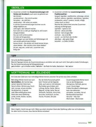 5. Zusammen schreibt man Zusammensetzungen mit
Verben als Grundwort, auch wenn sie getrennt wer-
den können:
wundernehmen — Das nimmt wunder.
fernsehen — Jan sieht fern.
wiedersehen — Wir sehen uns wieder.
In solchen Zusammensetzungen kommen nur ein-
silbige Adjektive vor:
wahrsagen, aber bekannt machen
Auch wenn ein zu oder ge- eingefügt ist, wird zusam-
mengeschrieben:
Das war nicht vorherzusehen.
Ich habe viel ferngesehen.
Verbindungen aus zwei Verben und Verbindungen mit
sein werden getrennt geschrieben:
kennen lernen — Sie werden sich heute kennen lernen.
sitzen bleiben — Wer möchte schon sitzen bleiben?
da sein, weg sein, vorbei sein, zusammen sein,
fertig sein
6. Zusammen schreibt man zusammengesetzte
Funktionswörter:
bergauf, tagsüber, zweifelsohne, unterwegs, einmal,
dreifach, ebenso, irgendein, irgendetwas, irgendwo,
probeweise, wieso?, sowieso, anstatt, infolge,
sodass (auch so dass)
Beachte den Unterschied zwischen Zusammen-
setzung und Wortgruppe:
irgendein — irgend so ein
diesmal — dieses eine Mal
keinmal — kein einziges Mal
erstmals — das erste Mal
zurzeit — zur Zeit Karls des Großen
allerdings — aller guten Dinge
beizeiten — zu Zeiten Schillers
TIPP
Versuche die Betonungsprobe.
Manche Fügungen können als Zusammensetzung zu verstehen sein oder auch nicht. Dann gibt es beide Schreibungen.
Nur die Zusammensetzung hat Anfangsbetonung.
gutschreiben — gut schreiben wollen; freihalten — die Rede frei halten; festsetzen — fest setzen
WORTTIZeNNUNG AM ZeILZIeNPt
Am Ende einer Zeile kann man mehrsilbige Wörter trennen und einen Teil auf die neue Zeile schreiben.
Mehrsilbige Wörter trennt man nach
Sprechsilben, die man bei lang-
samem Sprechen hören kann:
Sprech-sil-ben, Ab-tren-nung, Konti-
nent, rie-si-ge, em-por-stre-ben,
Hei-del-bee-ren, Ei-nig-keit
Jede Silbe enthält genau einen
Vokal oder einen Diphthong:
Le-der, fei-der, Ra-ben, rau-ben,
Ei-er, Chi-rurg
Nur der letzte Konsonant gehört
beim Trennen auf die folgende
Zeile, auch wenn er mit mehreren
Buchstaben geschrieben wird:
Lüftung, But-ter, Kel-ler, Mut-ze,
Mag-net, rich-tig, hatte, Ras-se;
Strümp-fe, Damp-fer, knirsch-ten,
lau-schen, ka-tho-lisch, la-chen,
Ha-cke, Pro-phet, Stro-phe
Zusammengesetzte Wörter trennt
man an den Wortgrenzen:
Wort-grenze, Reit-stall, glutrot,
zu-vor, Hosen-träger
Präfixe (Vorsilben) in Ableitungen
kann man abtrennen:
entstehen, aus-teilen, Ver-rat
Wortbausteine beachten!
Hä-scher — Häs-chen
Wach-stube — Wachs-tobe
TIPP:
Wenn möglich, trennt man gar nicht. Silben aus einem einzelnen Vokal oder Diphthong sollte man nicht abtrennen.
Vor allem nicht so trennen, dass falsche Wörter entstehen!
Rechtschreibung 147
 