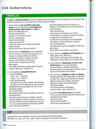 ObeleLICk
Die Groß- und Kleinschreibung ist eines der Hauptprobleme
quelle. Die Ausnahmen muss man einfach lernen. Aber es gibt
1. Groß schreibt man das erste Wort eines Ganz-
satzes (auch nach Doppelpunkt), den Beginn der
wörtlichen Rede, Überschriften und Titel von
Werken, Veranstaltungen usw.:
Wir backen einen Kuchen.
Das geht so: Wir nehmen drei Eier ...
Einer rief: „So geht das!"
Wem die Stunde schlägt
Fünftes Sommerfestival
Solche Titel werden auch innerhalb eines Satzes
großgeschrieben:
Wir lesen den Roman „Der grüne Heinrich".
2. Groß schreibt man alle Nomen, auch Fremdwörter:
die Frau, ein Auto, ihr Haus, dieser Flug, das Essen,
Freiheit, ins Schwarze treffen, ein Dutzend,
Schreibung, am Abend, im Hellen, ein Viertel,
Erlaubnis, der Soft Drink, das Know-how
Groß schreibt man Eigennamen und ihre
Abkürzungen:
Karin, Müller, Rhein, Rom, England, Bell°, Heugasse
K. Müller, Wiener Str., Frankfurt a. M.
3. Groß schreibt man hergestellte Nomen:
• durch Wortbildung:
schön + heit —› Schönheit
hindern + nis —> Hindernis
• durch Nominalisierung:
das Wandern, unser langes Warten, jedes Wackeln,
das Neue, am Ersten jeden Monats, Wenn und Aber
Bei Bindestrich-Komposita bleibt innen die normale
Schreibung erhalten:
der Trimm-dich-Pfad
Nominalisiert werden Verben und Adjektive, aber auch
andere Wortarten:
das Trinken, dieses Kommen und Gehen, sein Ach
und Weh, das Böse, im Guten, eine Drei, ein Dreier im
Lotto, das Viertel, die Ferne, die Illustrierte, das A und
0, sein Ja, hastiges Schlucken, Komisches und Witzi-
ges, ein Viertel der Teilnehmer
der deutschen Rechtschreibung. Sie ist eine große Fehler-
auch Regeln.
Nominalisierungen erkennt man meistens am
Begleiter, oft am Artikel oder an einem Artikelrest in
einer Präposition:
Sie bot ihm das Du an.
jedes Wanken, vom Waschen, zum Tanken,
im Wesentlichen, im Großen und Ganzen, aufs Neue,
im Allgemeinen, statt Schwimmen
Auch Pronomen und Zahlwort sind öfter Begleiter:
mein Bleiben, manches Bekannte, ihr Letztes,
zwei verschiedene Rot
Auch Nominalisierungen ohne Begleiter werden groß-
geschrieben:
Gut und Böse, Für und Wider, Jung und Alt
4. Groß schreibt man Adjektive und Partizipien nach
etwas, alles, nichts, allerlei usw.:
etwas Schönes, alles Gute, nichts Wichtiges, viel
Gebackenes, wenig Trinkbares, ein bisschen Süßes
5. Groß schreibt man Ableitungen von Orts- oder
Ländernamen mit -er, auch mehrteilige:
das Ulmer Münster, drei Wiener Würstchen,
Schweizer Käse, die Leipziger Messe, die New Yorker
Szene, der Bad Sodener Gemeinderat
6. Groß schreibt man Adjektive in Titeln und Namen:
Katharina die Große, der Heilige Vater, der Alte Fritz,
Zur Alten Post, Lange Gasse, Alte Wormser Straße,
Märkischer Weg, das Tote Meer, Frankfurter
Allgemeine Zeitung, der Zweite Weltkrieg,
die Schwarze Witwe
Am Himmel stand der Große Wagen.
Indischer Ozean — aber: indischer Tee
7. Das höfliche Anredepronomen Sie und seine
Formen und das entsprechende Possessivpronomen
schreibt man immer groß:
Wie geht es Ihnen?
Was ist mit Ihrem Neffen?
Haben Sie ihn wiedergesehen?
TIPP
Nomen erkennt man am Begleiter. Sie haben auch ein bestimmtes und festes Genus.
Die Suffixe -nis, -ismus, -tum, -heit, -schaft, -ung und -keit zeigen mit Sicherheit ein Nomen an.
3.3.6 Großschreibung
148 Rechtschreibung
 