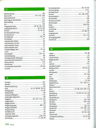 u
Überbesetzung
überschrift
Übersichtlichkeit
übertragene Verwendung
Ubertreibung
um
Umgangssprache
86
114, 115, 148
117
122
107
... 99
28, 36, 39. 134
umgangssprachlich 32 51.82
Umlaut 15, 30, 57
Umstandsbestimmung 77
Um stand swort 48
Umstellprobe 69, 79
Umstellung......................................... ......... 91.
unbestimmter Artikel 43
unbestimmtes Fürwort 43
unpersönliches Passiv 25
unpersönliches Verb 11
unregelmäßiges Verb ...... ...... ..... 13,14
unser- ..... 37
Unterbegriff 124, 127
Unterbesetzung . 86
untergeordneter Nebensatz 54
unterordnen de Konjunktion 53. 54
Unterordnung 102
Unterthema ....... ....... ...... _ ..... ........ 117
unverbundene Apposition 83, 84
Ursache 49
Variation
Varietät
Veranschaulichung
107
134
60
Verb 8-12, 58-60, 70-73
Verbalgruppe 16.25
Verbalnomen„„ ..... ...... ........... ....... 95
verblasste Metapher. 122
verbundene Apposition . 83
Vergleich
vergleichend
60, 107, 112,122
53
Vergleic hsform 38
Vergleichsgruppe ....... ............ ....... 89. 112
Vergleichspartikel 39
Vergle ichss atz 97
Verhältniswort 50
verkürzter Satz 64
Verlängerungsprobe 139. 143
Vermutung 17, 20, 55
Verschiebeprobe ..._... ......
Verschmelzung
Verträglichkeit
..... ........... 69, 79,90
8. 51
70
Verweis .„. ...... ..... .......... 93. 108, UN t_
Verweisadjektiv 34
Verweiskette 109
Verweispreiminen ....... .................. 93
Verweisregel 109
Vokal 138-140
Vollverb 10
von-Gruppe,......, 82
Vorfeld 87, 88, 90
Vorgangsverb 10
Vorname 131, 132
Vorvergangenheit 19
Vorverweis 109
w-Satz 95.98
während 52
wasiensch[uss . 101
Weglassprobe 80
weil 54
weicher ........ ..... ............. ............. ...... 101
wendete/wandte ............... ......... ....... ....... 15
Werbesprache 59, 60, 65
werden._ ......
li'Vertadjektiv
............... ......., .......... 25
34
wider 50, 140
wie 39
bieder . ....... ............. 140
Wiedergabe 22. 56
Wiederholung 107, 108, 111
'Niewort 34
Wirklichkeitsform 21
Wort 57, 68, 145-149, 153
Wortart 8
Wortbildung 57-60, 61. 62, 148
Wörterbuch 135
Worterklärung . ..... ............. .......... ........ 123
Wortfamilie 62. 140
Wortfeld 126. 130
Wortfolge ......... ..... ................. ........ 107
Wortgruppe ...... ............... ........••• ....... ......_. 68, 147
Wortschatz 62, 104, 134
Wortspiel 61, 107
Wunsch .......... ..... ..... ........... 50, 95,150
Wunschsatz 65
würdeUmschreibung . ........... ....... ............ 23, 24, 99
Wurzel ... •••• ... .. 62
174 F.egister
 
