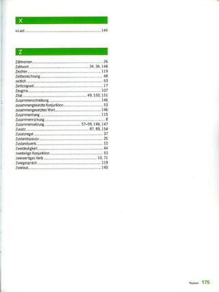 ................ ...... . ...............
Zähhornen
..... ...... ..... .......
Zeichen
Zeitbezek ...... ...................
zeitfich. ...... ..... .......
Zeitrosigkeit
Zeugma...... ....... ....... . ............
26
34, 36 143
119
...... 48
........... _______. ..... 53
17
..... _________ 107
Zitat 49, 150, 151
Zusarnrherischreibung ....... ...... ..... ......... 146
zusammengesetzte Konjunktion ......... .....___________ 53
zusammengesetztes Wort 146
Zusammenhang 115
ZIA2 mrnenrückung...... ...... ...... .....,.. ....... ......... .....
Zusammensetzung 57-59, 146, 147
Zusatz 87, 89, 154
Zusatzregel ........ 27
Zustandspassiv. 25
Zustandsverb 10
Zwei deuligkeit
zweiteigge Konjunktion 53
zweiwertiges Verb 10 71
Zwiegespräch 119
Zwielaut_ ...... ...... ..„..,... ..... _ ......_______ ........ 140
8,kit, 175
 