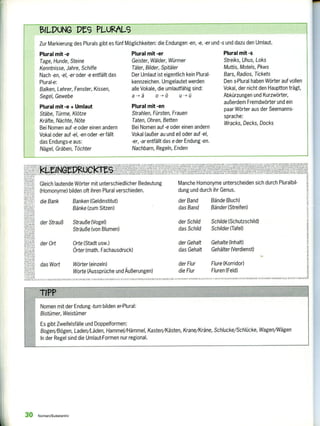 TIPP
Nomen mit der Endung -tum bilden er-Plural:
Bistümer, Weistümer
Es gibt Zweifelsfälle und Doppelformen:
Bogen/Bögen, Laden/Läden, Hammel/Hämmel, Kasten/Kästen, Krane/Kräne, Schlucke/Schlücke, Wagen/Wägen
In der Regel sind die Umlaut-Formen nur regional.
131L-PUNG txs PLuRAL9
Zur Markierung des Plurals gibt es fünf Möglichkeiten: die Endungen -en, -e, -er und -s und dazu den Umlaut.
Plural mit - e
Tage, Hunde, Steine
Kenntnisse, Jahre, Schiffe
Nach -en, -el, -er oder -e entfällt das
Plural-e:
Balken, Lehrer, Fenster, Kissen,
Segel, Gewebe
Plural mit -e + Umlaut
Stäbe, Türme, Klötze
Kräfte, Nächte, Nöte
Bei Nomen auf -e oder einen andern
Vokal oder auf -el, -en oder -er fällt
das Endungs-e aus:
Nägel, Gräben, Töchter
Plural mit - er
Geister, Wälder, Würmer
Täler, Bilder, Spitäler
Der Umlaut ist eigentlich kein Plural-
kennzeichen. Umgelautet werden
alle Vokale, die umlautfähig sind:
a-->ä o ö u—>ü
Plural mit - en
Strahlen, Fürsten, Frauen
Taten, Ohren, Betten
Bei Nomen auf -e oder einen andern
Vokal (außer au und ei) oder auf -el,
-er, -ar entfällt das e der Endung -en.
Nachbarn, Regeln, Enden
Plural mit - s
Streiks, Uhus, Loks
Muttis, Motels, Pkws
Bars, Radios, Tickets
Den s-Plural haben Wörter auf vollen
Vokal, der nicht den Hauptton trägt,
Abkürzungen und Kurzwörter,
außerdem Fremdwörter und ein
paar Wörter aus der Seemanns-
sprache:
Wracks, Decks, Docks
Mai
lJii ,J .
VARIANEEEN IN0111.1111,1:Krurywk,
gfigegitlitelig!irkteie
c
leAM132Y1A01E9f, SedleiM.LAN'INZMNIZKLIENIJ111. 17.71:-N
Manche Homonyme unterscheiden sich durch Pluralbil-
dung und durch ihr Genus,
Gleich lautende Wörter mit unterschiedlicher Bedeutung
(Homonyme) bilden oft ihren Plural verschieden.
VIILFYIFAN> EMMY V.111.111,1 N
I NA N
FINGY.INS.t,C1111. MOB] A1,NN .
niA'12MUL3C-ZU.:"MINN.1.111111N ML..
VANIA:171,1,11 1.1111
1,1 sII -•• % II
Banken (Geldinstitut)
Bänke (zum Sitzen)
Strauße (Vogel)
Sträuße (von Blumen)
Orte (Stadt usw.)
Örter (math. Fachausdruck)
Wörter (einzeln)
Worte (Aussprüche und Äußerungen)
der Band Bände (Buch)
das Band Bänder (Streifen)
der Schild Schilde (Schutzschild)
das Schild Schilder (Tafel)
der Gehalt Gehalte (Inhalt)
das Gehalt Gehälter (Verdienst)
der Flur Flure (Korridor)
die Flur Fluren (Feld)
NLFINGEN
ikeZ2
UNNANSI
N11011,11.1:XLINATZ
die Bank
der Strauß
der Ort
das Wort
I.S IN.N1111LINII I' s, 1,11,1,91111 SIE sc,,r3e, ULI: 7
„.
&en',
s411-11t
5"(
KL
E
EI
l<1.1,11.1 •
MIMNAHM
riFue..”
30 Nomen/Substantiv
 