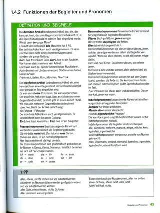 Die definiten Artikel (bestimmte Artikel) der, die, das
kennzeichnen, dass ein Gegenstand schon bekannt ist, in
der Sprechsituation da ist oder im Text eingeführt wurde:
Wo ist denn derjunge Mann?
Er kauft sich ein Moped. Die Maschine hat 8 PS.
Der definite Artikel kann auch verallgemeinern. Er kenn-
zeichnet dann nicht einen einzelnen Gegenstand,
sondern die ganze Gattung:
Der Löwe frisst kaum Gras. Der Löwe ist ein Raubtier.
Vor Namen steht meistens kein Artikel:
Uschi war auch da. Specht ist mein neuer Musiklehrer.
Auch die meisten Ländernamen und Städtenamen haben
keinen Artikel:
Frankreich, Italien; Rom, München, New York
Die indefiniten Artikel (unbestimmte Artikel) ein, eine
kennzeichnen einen Gegenstand, der noch unbekannt ist
oder gerade im Text eingeführt wird:
Es war einmal eine Prinzessin. Sie war wunderschön.
Der indefinite Artikel ein sagt, dass es sich um nur einen
Gegenstand handelt; deshalb gibt es zu ein keinen Plural.
Will man von mehreren Gegenständen unbestimmt
sprechen, bleibt der Artikel einfach weg:
ein Fahrrad — Fahrräder
Der indefinite Artikel kann auch verallgemeinern. Er
kennzeichnet dann die ganze Gattung:
Ein Löwe frisst kaum Gras. Ein Löwe ist ein Säugetier.
Possessivpronomen (besitzanzeigende Fürwörter)
werden fast ausschließlich als Begleiter gebraucht.
Gib mir bitte mein Heft. Das ist also euer Garten.
Stehen sie allein, ist ein Nomen mitgedacht:
Hier liegt sein Hemd, da liegt dein(e)s.
Die Possessivpronomen sind grammatisch gebunden an
ihr Nomen in Genus, Kasus, Numerus. Inhaltlich beziehen
sie sich auf Personalpronomen.
ich mein sie —> ihr ihr euer
du dein es --> sein sie -- ihr
er —> sein wir —> unser
Demonstrativpronomen (hinweisende Fürwörter) sind
hervorgehoben in folgenden Beispielen:
Dieses Buch gefällt mir, jenes weniger.
Wir vertreten diejenigen, die fehlen.
Dies ist wirklich ungewöhnlich.
Demonstrativpronomen wie dieser/diese/dieses, jener,
solche, derartige werden vor allem als Begleiter ver-
wendet. Wenn sie allein stehen, ist oft ein Nomen mitge-
dacht:
Hier sind zwei Eimer. Du nimmst diesen, ich nehme
jenen.
Die Neutra dies und das werden allein stehend und als
Stellvertreter verwendet.
Die Demonstrativpronomen weisen hin auf den Gegen-
stand, von dem die Rede ist. Sie kennzeichnen ihn als
nah (dieser) oder fern (jener) in der Sprechsituation oder
im Text.
Zuerst tranken sie etwas Wein und dann Kaffee. Dieser
war kalt, jener war warm.
Indefinitpronomen (unbestimmte Fürwörter) sind her-
vorgehoben in folgenden Beispielen:
Jemand hat etwas gestohlen.
Manch einer nimmt alles leicht.
Hast du irgendwelche Freunde?
Die Vorsilbe irgend- zeigt Unbestimmtheit an und ist für
Indefinitpronomen typisch.
lndefinitpronomen als Begleiter sind zum Beispiel:
alle, sämtliche, mehrere, manche, einige, etliche, kein;
irgendein, irgendwelche
Viele lndefinitpronomen werden nur anstelle von Nomen
gebraucht:
man, jedermann, jemand, niemand, irgendwo, irgendwie,
irgendwohin, etwas (Kurzform was)
Alles, etwas, nichts stehen nur vor substantivierten
Adjektiven im Neutrum (diese werden großgeschrieben)
und vor substantivierten Verben:
alles Gute, etwas Neues, nichts Schönes
Alles Jammern war vergeblich.
Etwas steht auch vor Massenomen, alles nur selten:
etwas Schnee, etwas Geld, alles Geld
Aller Fleiß half nichts.
1.4.2 Funktionen der Begleiter und Pronomen
PelNrrION UND Brelea.
Begleiter und Pronomen 43
 