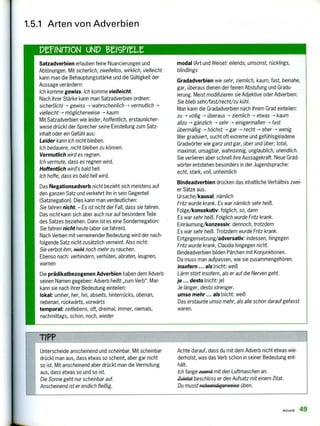 Unterscheide anscheinend und scheinbar. Mit scheinbar
drückt man aus, dass etwas so scheint, aber gar nicht
so ist. Mit anscheinend aber drückt man die Vermutung
aus, dass etwas so und so ist.
Die Sonne geht nur scheinbar auf.
Anscheinend ist er endlich fleißig.
Achte darauf, dass du mit dem Adverb nicht etwas wie-
derholst, was das Verb schon in seiner Bedeutung ent-
hält.
Ich fange zucrct mit den Luftmaschen an.
Zuletzt beschloss er den Aufsatz mit einem Zitat.
Du musst notwendigerweise üben.
Satzadverbien erlauben feine Nuancierungen und
Abtönungen. Mit sicherlich, zweifellos, wirklich, vielleicht
kann man die Behauptungsstärke und die Gültigkeit der
Aussage verändern:
Ich komme gewiss. Ich komme vielleicht.
Nach ihrer Stärke kann man Satzadverbien ordnen:
sicherlich) —> gewiss —> wahrscheinlich —> vermutlich —>
vielleicht —> möglicherweise s kaum
Mit Satzadverbien wie leider, hoffentlich, erstaunlicher-
weise drückt der Sprecher seine Einstellung zum Satz-
inhalt oder ein Gefühl aus:
Leider kann ich nicht bleiben.
Ich bedauere, nicht bleiben zu können.
Vermutlich wird es regnen.
Ich vermute, dass es regnen wird.
Hoffentlich wird's bald hell.
Ich hoffe, dass es bald hell wird.
Das Negationsadverb nicht bezieht sich meistens auf
den ganzen Satz und verkehrt ihn in sein Gegenteil
(Satznegation). Dies kann man verdeutlichen:
Sie fahren nicht. — Es ist nicht der Fall, dass sie fahren.
Das nicht kann sich aber auch nur auf besondere Teile
des Satzes beziehen. Dann ist es eine Sondernegation:
Sie fahren nicht heute (aber sie fahren).
Nach Verben mit verneinender Bedeutung wird der nach-
folgende Satz nicht zusätzlich verneint. Also nicht:
Sie verbot ihm, *44 noch mehr zu rauchen.
Ebenso nach: verhindern, verhüten, abraten, leugnen,
warnen
Die prädikatbezogenen Adverbien haben dem Adverb
seinen Namen gegeben: Adverb heißt „zum Verb". Man
kann sie nach ihrer Bedeutung einteilen:
lokal: umher, her, hin, abseits, hinterrücks, obenan,
nebenan, rückwärts, vorwärts
temporal: zeitlebens, oft, dreimal, immer, niemals,
nachmittags, schon, noch, wieder
modal (Art und Weise): eilends, umsonst, rücklings,
blindlings
Gradadverbien wie sehr, ziemlich, kaum, fast, beinahe,
gar, überaus dienen der feinen Abstufung und Gradu-
ierung. Meist modifizieren sie Adjektive oder Adverbien:
Sie blieb sehr/fast/recht/zu kühl.
Man kann die Gradadverbien nach ihrem Grad einteilen:
zu —> völlig —' überaus —s ziemlich —> etwas kaum
allzu —> gänzlich —> sehr —> einigermaßen —> fast
übermäßig —> höchst > gar —> recht eher —> wenig
Wer graduiert, sucht oft extreme und gefühlsgeladene
Gradwörter wie ganz und gar, über und über; total,
maximal, unsagbar, wahnsinnig, unglaublich, unendlich.
Sie verlieren aber schnell ihre Aussagekraft. Neue Grad-
wörter entstehen besonders in der Jugendsprache:
echt, stark, voll, unheimlich
Bindeadverbien drücken das inhaltliche Verhältnis zwei-
er Sätze aus.
Ursache/kausal: nämlich
Fritz wurde krank. Es war nämlich sehr heiß.
Folge/konsekutiv: folglich, so, dann
Es war sehr heiß. Folglich wurde Fritz krank.
Einräumung/konzessiv: dennoch, trotzdem
Es war sehr heiß. Trotzdem wurde Fritz krank.
Entgegensetzung/adversativ: indessen, hingegen
Fritz wurde krank, Claudia hingegen nicht.
Bindeadverbien bilden Pärchen mit Konjunktionen.
Da muss man aufpassen, wie sie zusammengehören.
insofern ... als (nicht: weil)
Lärm stört insofern, als er auf die Nerven geht.
je ... desto (nicht: je)
Je länger, desto strenger.
umso mehr ... als (nicht: weil)
Das erstaunte umso mehr, als alle schon darauf gefasst
waren.
1.5.1 Arten von Adverbien
PererrioN UND Beisletz
Adverb 49
 
