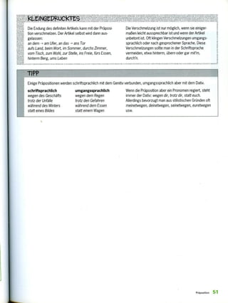 önfelP5M7412:
Die Endung des definiten Artikels kann mit der Präposi-
tion verschmelzen. Der Artikel selbst wird dann aus-
gelassen:
an dem am Ufer, an das —› ans Tor
aufs Land, beim Wort, im Sommer, durchs Zimmer,
vom Tisch, zum Wohl, zur Stelle, ins Freie, fürs Essen,
hinterm Berg, ums Leben
Die Verschmelzung ist nur möglich, wenn sie einiger-
maßen leicht aussprechbar ist und wenn der Artikel
unbetont ist. Oft klingen Verschmelzungen umgangs-
sprachlich oder nach gesprochener Sprache. Diese
Verschmelzungen sollte man in der Schriftsprache
vermeiden, etwa hinterm, übern oder gar mit'm,
durch'n.
1,11 IxOII Y i..S+LIMF-v 111, 74 RIANT
Einige Präpositionen werden schriftsprachlich mit dem Genitiv verbunden, umgangssprachlich aber mit dem Dativ.
schriftsprachlich umgangssprachlich Wenn die Präposition aber ein Pronomen regiert, steht
wegen des Geschäfts wegen dem Regen immer der Dativ: wegen dir, trotz dir, statt euch.
trotz der Unfälle trotz den Gefahren Allerdings bevorzugt man aus stilistischen Gründen oft
während des Winters während dem Essen meinetwegen, deinetwegen, seinetwegen, euretwegen
statt eines Bildes statt einem Wagen usw.
Präposition 51
 