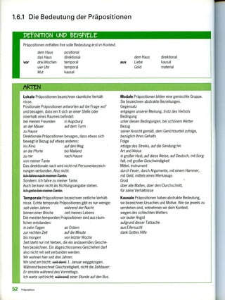 Lokale Präpositionen bezeichnen räumliche Verhält-
nisse.
Positionale Präpositionen antworten auf die Frage wo?
und besagen, dass ein X sich an einer Stelle oder
innerhalb eines Raumes befindet:
bei meinen Freunden in Augsburg
an der Mauer auf dem Turm
zu Hause
Direktionale Präpositionen besagen, dass etwas sich
bewegt in Bezug auf etwas anderes:
ins Kino auf den Weg
an die Pforte bis Mailand
zu mir nach Hause
von meiner Tante
Das direktionale nach wird nicht mit Personenbezeich-
nungen verbunden. Also nicht:
ich fahre nach meiner Tante.
Sondern: Ich fahre zu meiner Tante.
Auch bei kann nicht als Richtungsangabe stehen.
4c-h-ge444-ffleie—T-agie,
Temporale Präpositionen bezeichnen zeitliche Verhält-
nisse. Echte temporale Präpositionen gibt es nur wenige:
seit vielen Jahren während der Nacht
binnen einer Woche zeit meines Lebens
Die meisten temporalen Präpositionen sind aus räum-
lichen entstanden:
in zehn Tagen an Ostern
zur rechten Zeit auf die Minute
bis morgen von letzter Woche
Seit steht nur mit Verben, die ein andauerndes Gesche-
hen bezeichnen. Ein abgeschlossenes Geschehen darf
also nicht mit seitverbunden werden:
Wir wohnen hier seit drei Jahren.
Wir sind am (nicht: Geit-elee4) 1. Januar weggezogen.
Während bezeichnet Gleichzeitigkeit, nicht die Zeitdauer:
Er strickte während des Vormittags.
Ich warte seit (nicht: während) einer Stunde auf den Bus.
Modale Präpositionen bilden eine gemischte Gruppe.
Sie bezeichnen abstrakte Beziehungen.
Gegensatz
entgegen unserer Meinung, trotz des Verbots
Bedingung
unter diesen Bedingungen, bei schönem Wetter
Bezug
seiner Ansicht gemäß, dem Gerichtsurteil zufolge,
bezüglich Ihres Gehalts
Folge
infolge des Streiks, auf die Sendung hin
Art und Weise
in großer Hast, auf diese Weise, auf Deutsch, mit Sorg-
falt, mit großer Geschwindigkeit
Mittel, Instrument
durch Feuer, durch Argumente, mit einem Hammer,
mit Geld, mittels eines Werkzeugs
Grad
über alle Maßen, über dem Durchschnitt,
für seine Verhältnisse
Kausale Präpositionen haben abstrakte Bedeutung,
sie bezeichnen Ursachen und Motive. Wie sie jeweils zu
verstehen sind, entnehmen wir dem Kontext.
wegen des schlechten Wetters
vor lauter Angst
aufgrund dieser Tatsache
aus Eifersucht
dank Gottes Hilfe
Präpositionen entfalten ihre volle Bedeutung erst im Kontext:
dem Haus positional
das Haus direktional
vor drei Wochen temporal
vier Uhr temporal
Wut kausal
dem Haus
aus Liebe
Gold
direktional
kausal
material
1.6.1 Die Bedeutung der Präpositionen
52 Präposition
 