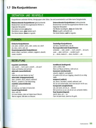 1.7 Die Konjunktionen
PeINMON UND errette
Konjunktionen verbinden Wörter, Wortgruppen oder Sätze. Sie sind unveränderlich und füllen keine Satzgliedstelle.
Nebenordnende Konjunktionen (gleichordnende
Bindewörter) sind die hervorgehobenen Wörter in
folgenden Beispielen:
Die Gäste kommen und gehen.
Rennfahrer rasen, aber andere auch.
Die Gäste blieben. Denn es regnete.
Unterordnende Konjunktionen (unterordnende
Bindewörter) sind die hervorgehobenen Wörter in den
folgenden Beispielen:
Die Medien bestätigten, dass der Dollar fällt.
Wenn es geht, verkaufen wir.
Die Gäste blieben, weil es regnete.
rOWNI
Einfache Konjunktionen
und, aber, sondern, denn, oder, sowie, nur, doch
ob, dass, wenn, weil, als
Zusammengesetzte Konjunktionen
damit, indem, nachdem, seitdem, obgleich, obwohl,
sowie, insofern
Zweiteilige Konjunktionen
auf dass, (an)statt dass, als ob
Korrespondierende Konjunktionen
entweder ... oder, weder ... noch, sowohl ... als auch,
zwar ... aber, nicht nur ... sondern auch
je ... desto, dadurch dass, insofern ... als
tePEUTUNG
kopulativ (anreihend):
und, weder ... noch, auch, sowohl ... als auch
Heike und Andrea sind verreist.
alternativ (ausschließend):
oder
Gehst du mit oder bleibst du hier?
adversativ (entgegensetzend):
aber, sondern, doch, jedoch; während
Nicht K., sondern G. hat Geburtstag.
restriktiv (einschränkend):
bloß, nur
Ich käme ja, nur habe ich keine Zeit.
kausal (begründend):
denn, weil, da
ich muss tanken, denn wir haben kaum Benzin.
Weil es regnet, fällt alles ins Wasser.
konditional (bedingend):
wenn, sofern, falls
Wenn wir Neues erfahren, rufen wir an.
konzessiv (einräumend):
obwohl, obgleich, wenngleich
Ich gehe nicht mit zum Jogging, obwohl ich es nötig
hätte.
temporal (zeitlich):
als, bevor, nachdem, sobald, während, seit
Als sie sich erholt hatte, kam man besser mit ihr aus.
komparativ (vergleichend):
wie, wie wenn, als ob, je ... (desto)
Mir kommt es so vor, als ob wir uns verlaufen hätten.
final (beabsichtigend):
damit, dass, um ... zu
Fahr mit dem Auto, damit es fix geht.
Funktionswörter 53
 