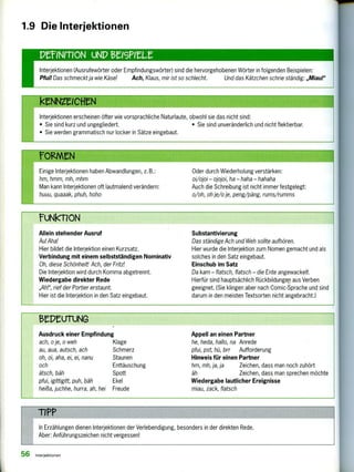 1.9 Die Interjektionen
PeeirrioN UNI? Mette
Interjektionen (Ausrufewörter oder Empfindungswörter) sind die hervorgehobenen Wörter in folgenden Beispielen:
Pfui! Das schmeckt ja wie Käse! Ach, Klaus, mir ist so schlecht. Und das Kätzchen schrie ständig: „Miau!"
kNN-ZiCfKN
Interjektionen erscheinen öfter wie vorsprachliche Naturlaute, obwohl sie das nicht sind:
• Sie sind kurz und ungegliedert. • Sie sind unveränderlich und nicht flektierbar.
• Sie werden grammatisch nur locker in Sätze eingebaut.
VOlzMrN
Einige Interjektionen haben Abwandlungen, z.B.: Oder durch Wiederholung verstärken:
hm, hmm, mh, mhm oi/ojoi — ojojoi, ha — haha — hahaha
Man kann Interjektionen oft lautmalend verändern: Auch die Schreibung ist nicht immer festgelegt:
huuu, quaaak, phuh, hoho o/oh, oh je/o je, peng/päng, rums/rumms
ruNkrION
Allein stehender Ausruf
Au! Aha!
Hier bildet die Interjektion einen Kurzsatz.
Verbindung mit einem selbstständigen Nominativ
Oh, diese Schönheit! Ach, der Fritz!
Die Interjektion wird durch Komma abgetrennt.
Wiedergabe direkter Rede
„Ah!", rief der Portier erstaunt.
Hier ist die Interjektion in den Satz eingebaut.
Substantivierung
Das ständige Ach und Weh sollte aufhören.
Hier wurde die Interjektion zum Nomen gemacht und als
solches in den Satz eingebaut.
Einschub im Satz
Da kam — flatsch, flatsch — die Ente angewackelt.
Hierfür sind hauptsächlich Rückbildungen aus Verben
geeignet. (Sie klingen aber nach Comic-Sprache und sind
darum in den meisten Textsorten nicht angebracht.)
t3PutuNG
Ausdruck einer Empfindung
ach, oje, o weh Klage
au, aua, autsch, ach Schmerz
oh, oi, aha, ei, ei, nanu Staunen
och Enttäuschung
ätsch, bäh Spott
pfui, igittigitt, puh, bäh Ekel
heißa, juchhe, hurra, ah, hei Freude
Appell an einen Partner
he, heda, hallo, na Anrede
pfui, pst, hü, brr Aufforderung
Hinweis für einen Partner
hm, mh, ja, ja Zeichen, dass man noch zuhört
äh Zeichen, dass man sprechen möchte
Wiedergabe lautlicher Ereignisse
miau, zack, flatsch
In Erzählungen dienen Interjektionen der Verlebendigung, besonders in der direkten Rede.
Aber: Anführungszeichen nicht vergessen!
56 Interjektionen
 