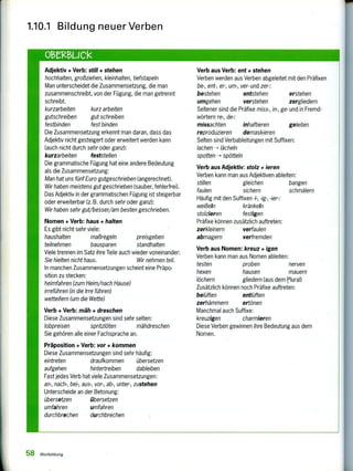 1.10.1 Bildung neuer Verben
oeneuCk
Adjektiv + Verb: still + stehen
hochhalten, großziehen, kleinhalten, tiefstapeln
Man unterscheidet die Zusammensetzung, die man
zusammenschreibt, von der Fügung, die man getrennt
schreibt.
kurzarbeiten kurz arbeiten
gutschreiben gut schreiben
festbinden fest binden
Die Zusammensetzung erkennt man daran, dass das
Adjektiv nicht gesteigert oder erweitert werden kann
(auch nicht durch sehr oder ganz):
kurzarbeiten feststellen
Die grammatische Fügung hat eine andere Bedeutung
als die Zusammensetzung:
Man hat uns fünf Euro gutgeschrieben (angerechnet).
Wir haben meistens gut geschrieben (sauber, fehlerfrei)
Das Adjektiv in der grammatischen Fügung ist steigerlI
oder erweiterbar (z.B. durch sehr oder ganz):
Wir haben sehr gut/besser/am besten geschrieben.
Nomen + Verb: haus + halten
Es gibt nicht sehr viele:
haushalten maßregeln preisgeben
teilnehmen bausparen standhalten
Viele trennen im Satz ihre Teile auch wieder voneinander
Sie hielten nicht haus, Wir nehmen teil.
In manchen Zusammensetzungen scheint eine Präpo-
sition zu stecken:
heimfahren (zum Heim/nach Hause)
irreführen (in die Irre führen)
wetteifern (um die Wette)
Verb + Verb: mäh + dreschen
Diese Zusammensetzungen sind sehr selten:
lobpreisen spritzlöten mähdreschen
Sie gehören alle einer Fachsprache an.
Präposition + Verb: vor + kommen
Diese Zusammensetzungen sind sehr häufig:
eintreten draufkommen übersetzen
aufgehen hintertreiben dableiben
Fast jedes Verb hat viele Zusammensetzungen:
an-, nach-, bei-, aus-, vor-, ab-, unter-, zustehen
Unterscheide an der Betonung:
übersetzen übersetzen
umfahren umfahren
durchbrechen durchbrechen
Verb aus Verb: ent + stehen
Verben werden aus Verben abgeleitet mit den Präfixen
be-, ent-, er-, um-, ver- und zer-:
bestehen entstehen erstehen
umgehen verstehen zergliedern
Seltener sind die Präfixe miss-, in-, ge- und in Fremd-
wörtern re-, de-:
missachten inhaftieren geleiten
reproduzieren demaskieren
Selten sind Verbableitungen mit Suffixen:
lachen --> lächeln
spotten spötteln
Verb aus Adjektiv: stolz + fieren
Verben kann man aus Adjektiven ableiten:
stillen gleichen bangen
faulen sichern schmälern
Häufig mit den Suffixen -1-, -ig-, -ier-:
weißeln kränkeln
stolzieren festigen
Präfixe können zusätzlich auftreten:
zerkleinern verfaulen
abmagern verfremden
Verb aus Nomen: kreuz + igen
Verben kann man aus Nomen ableiten:
testen proben nerven
hexen hausen mauern
löchern gliedern (aus dem Plural)
Zusätzlich können noch Präfixe auftreten:
belüften entlüften
zerhämmern ertönen
Manchmal auch Suffixe:
kreuzigen charmieren
Diese Verben gewinnen ihre Bedeutung aus dem
Nomen.
58 Wortbildun g
 