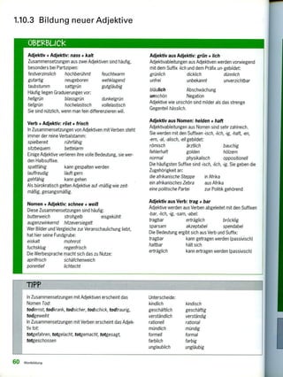 1.10.3 Bildung neuer Adjektive
Adjektiv + Adjektiv: nass + kalt
Zusammensetzungen aus zwei Adjektiven sind häufig,
besonders bei Partizipien:
festverzinslich hochberühmt feuchtwarm
gutartig neugeboren wehklagend
taubstumm sattgrün gutgläubig
Häufig liegen Graduierungen vor:
hellgrün blassgrün dunkelgrün
tiefgrün hochelastisch vollelastisch
Sie sind nützlich, wenn man fein differenzieren will.
Verb + Adjektiv: röst+ frisch
In Zusammensetzungen von Adjektiven mit Verben steht
immer der reine Verbalstamm:
spielbereit rührfähig
sitzbequem bettelarm
Einige Adjektive verlieren ihre volle Bedeutung, sie wer-
den Halbsuffixe.
spaltfähig kann gespalten werden
lauffreudig läuft gern
gehfähig kann gehen
Als bürokratisch gelten Adjektive auf -mäßig wie zeit-
mäßig, gesangsmäßig.
Nomen + Adjektiv: schnee + weiß
Diese Zusammensetzungen sind häufig:
butterweich strohgelb eisgekühlt
augenzwinkernd hitzeversiegelt
Wer Bilder und Vergleiche zur Veranschaulichung liebt,
hat hier seine Fundgrube:
eiskalt mohnrot
fuchsklug regenfrisch
Die Werbesprache macht sich das zu Nutze:
aprilfrisch schäfchenweich
porentief lichtecht
Adjektiv aus Adjektiv: grün + lich
Adjektivableitungen aus Adjektiven werden vorwiegend
mit dem Suffix -lich und dem Präfix un- gebildet:
grünlich dicklich dünnlich
unfrei unbekannt unverzichtbar
bläulich Abschwächung
unschön Negation
Adjektive wie unschön sind milder als das strenge
Gegenteil hässlich.
Adjektiv aus Nomen: helden + haft
Adjektivableitungen aus Nomen sind sehr zahlreich.
Sie werden mit den Suffixen -isch, -lich, -ig, -haft, -en,
-ern, -al, -alisch, -elf gebildet:
römisch ärztlich bauchig
fehlerhaft golden hölzern
normal physikalisch oppositionell
Die häufigsten Suffixe sind -isch, -lich, -ig. Sie geben die
Zugehörigkeit an:
die afrikanische Steppe in Afrika
ein afrikanisches Zebra aus Afrika
eine politische Partei zur Politik gehörend
Adjektiv aus Verb: trag + bar
Adjektive werden aus Verben abgeleitet mit den Suffixen
-bar, -lich, -ig, -sam, -abel:
tragbar erträglich bröcklig
sparsam akzeptabel spendabel
Die Bedeutung ergibt sich aus Verb und Suffix:
tragbar kann getragen werden (passivisch)
haltbar hält sich
erträglich kann ertragen werden (passivisch)
in Zusammensetzungen mit Adjektiven erscheint das
Nomen Tod:
todernst, todkrank, todsicher, todschick, todtraurig,
todgeweiht
In Zusammensetzungen mit Verben erscheint das Adjek-
tiv tot:
totgefahren, totgelacht, totgemacht, totgesagt,
totgeschossen
Unterscheide:
kindlich kindisch
geschäftlich geschäftig
verständlich verständig
rationell rational
mündlich mündig
formell formal
farblich farbig
unglaublich ungläubig
60 Wortbildung
 