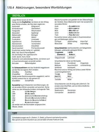 Lange Wörter kürzen wir oft ab.
Häufig sind die Kopfwörter, bei denen wir den Anfang
eines Wortes erhalten, den Rest aber wegkürzen:
Auto(mobil) Kilo(grarnm)
Krimi(nalroman) Ober(kellner)
Foto(grafie) Akku(mulator)
Alex(ander) Inge(borg)
Mathe(matik) Bio(logie)
Uni(versität) Abi(tur)
Frust(ration) Limo(nade)
Super(benzin) Promi(nenter)
Abo(nnement) Tacho(meter)
Demo(nstration) Disko(thek)
Sponti (spontan) Profi (professionell)
Koseformen werden häufig mit -i gebildet:
Mutti, Vati, Hausis (Hausaufgaben)
Sie sind häufig in der Jugendsprache:
Gruft, Sponti, Hunni, Bundi
Kopfwörter sind selbstständige Wörter, sie können auch
in Zusammensetzungen verwendet werden:
Bio-Laden Mathe Aufgaben
Bei Schwanzwörtern wird das Vorderteil weggelassen
und der Rest als eigenes Wort erhalten:
(Omni)Bus (Fahr)Rad
(Friede)Rike (Char)Lotte
Häufig werden Bestimmungswörter weggekürzt, weil im
Kontext sowieso klar ist, was gemeint ist:
(Fisen)Bahn (Schall)Platte
Kurzwörter (auch Initialwörter) sind Abkürzungen, die
wir wie andere Wörter verwenden und sprechen. Sie be-
stehen aus den Anfangsbuchstaben sinntragender Teile:
Lkw Lastkraftwagen
UKW Ultrakurzwelle
EDV elektronische Datenverarbeitung
CDU Christlich-Demokratische Union
DGB Deutscher Gewerkschaftsbund
KZ Konzentrationslager
Sie werden nach den Buchstaben ausgesprochen:
Ellkawe, Ukawe.
Manche Kurzwörter sind gebildet mit den Silbenanfängen
der Sinnteile. Diese Silbenwörter kann man aussprechen
wie andere Wörter:
Azubi = Auszubildender
Kripo = Kriminalpolizei
Mofa = Motorfahrrad
Schiri = Schiedsrichter
Trafo = Transformator
Kurzwörter können selbst wieder in Zusammensetzun-
gen und Ableitungen stehen:
CD-Pfayer UKW-Empfang Kripo-Chef
Mofa-Unfall SPDler kripomäßig
Schachtelwörter sind Kunstwörter und Gelegenheits-
bildungen, aufeinander geklappte Wörter:
Telegramm Lakritz
Grammatik Kritzelei
Tefegrammatik Lakritzeiei
Schachtelwörter dienen als Wortspiele:
Kurlaub Promillionär Ehrgeizhals
Müllionär heuschrecklich schuhverlässig
famillionär kotzequent
Manchmal sind nur Anfang und Schluss zweier Wörter
zusammengeklammert:
Tomate
#ar-toffel 4ietel
Tomoffel Motel
Schachtelwörter sind oft witzig oder polemisch. Sie
erzielen einen Aha-Effekt, weil sie Unterschiedliches
zusammenbringen:
Reaktionärrin Demokratur
Formularifari akadämlich
TIPP
Schreibabkürzungen wie Dr. (Doktor), S. (Seite), g (Gramm) sind keine Kurzwörter.
Man spricht sie nicht in Kurzform aus und sie haben oft einen Punkt am Ende.
1.10.4 Abkürzungen, besondere Wortbildungen
Wortbildung 61
 