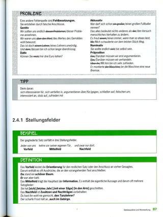 Eine andere Fehlerquelle sind Fehlbesetzungen.
Sie entstehen durch falsche Anschlüsse.
Genitiv
Wir sollten uns endlich diefeR,2r-gblemeg/dieser Proble-
me annehmen.
Wir waren uns über den Wert/des Wertes des Gemäldes
wohl bewusst.
Das ist docheirega4414r-ef/eines Lehrers unwürdig.
Und 4e4A/dessen bin ich schon lange überdrüssig.
Dativ
Können Sie fflie-/mir drei Euro leihen?
Akkusativ
Wer darf sich schon eingreiger/einen großen Fußballer
nennen?
Das alles bedeutet nichts anderes als 4e/den Versuch
menschliches Verhalten zu ändern.
Es freut €43eFR/einen immer, wenn man so etwas liest.
Mir/Mich schauderte vor dem letzten Stück Weg.
Nominativ
Sie wollte endlich sich/sie selbst sein.
Präposition
Pae/Darüber müssen wir erst argumentieren.
Dass/Darüber müssen wir verhandeln.
Über ihn/Mit ihm bin ich sehr zufrieden.
Er montierte der Maschine/an die Maschine eine neue
Bremse.
S ,0,1>1 73,5A17 vAkIAN1 12, XLIANCiL MW-M(11. pne.em SONI.FALL ,A.AN ,i,n.I s110 Z.L ,A.T7 letut.Kit 11.1L1,71
TIPP
Denk daran:
sich interessieren für, sich vertiefen in, argumentieren über/für/gegen, schließen auf, feilschen um;
interessiert an, stolz auf, zufrieden mit
2.4.1 Stellungsfelder
Der gegliederte Satz zerfällt in drei Stellungsfelder.
Jeder von uns kehre vor seiner eigenen Tür, und zwar nur dort.
Vorfeld Mittelfeld Nachfeld
Das Vorfeld leistet die Orientierung für den restlichen Satz oder den Anschluss an vorher Gesagtes.
Darum enthält es oft Ausdrücke, die an den vorangehenden Text anschließen:
Da stand ein schöner Baum.
Er war aber kahl.
Das Mittelfeld trägt die Hauptlast der Information. Es enthält die eigentliche Aussage und darum oft mehrere
Satzglieder:
Sie hat [sich] [letztes Jahr] [mit einer Säge] [in den Arm] geschnitten.
Das Nachfeld ist Zusätzen und Nachträgen vorbehalten:
Du hast ihn wohl nie gemocht, den Tanzlehrer?
Der scharfe Frost hält an, auch im Gebirge.
Satzbaupläne und Wortstellung 87
 