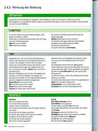 eeISPIELE
unbetont
Das war eine Überraschung.
Er hat zwei Hühner gegessen.
Gestern habe ich ihn gesehen.
Der Freund erschien letztes Jahr nach langer Abwesen-
heit wieder.
Ich möchte ihm die Augen auskratzen.
Es fällt auf, dass keiner einen Anspruch anmeldet.
Sie gehen mit den Hühnern ins Bett.
Ich bin über den Lenker geflogen.
Wer hat ihm das Buch gegeben?
betont
Eine Überraschung war das.
Zwei Hühner hat er gegessen.
Gesehen habe ich gestern ihn. (nicht sie)
Nach langer Abwesenheit erschien letztes Jahr wieder
der Freund.
Die Augen auskratzen möchte ich ihm.
Auffällig ist, dass keiner einen Anspruch anmeldet.
Sie gehen ins Bett mit den Hühnern.
Bin ich über den Lenker geflogen!
Wer hat das Buch ihm gegeben?
2.4.2 Wirkung der Stellung
PreirrioN
Es gibt eine normale Abfolge der Satzglieder. Diese Abfolge erscheint uns als neutral, sie fällt uns nicht auf.
Mit Satzgliedern an ungewohnten Stellen erzielen wir besondere Wirkungen. Solche „Eindrucksstellen" sind das Vorfeld
und das Ende des Mittelfelds.
rUNkTION
In manchen Fällen ist es grammatische Routine, Satz-
glieder ins Vorfeld zu stellen.
Finites Verb im Vorfeld kennzeichnet den Satz als Frage-
satz oder Aufforderungssatz;
Warst du schon in Italien?
Fahr endlich nach Hause!
Ein w-Wort im Vorfeld kennzeichnet den Satz als
Ergänzungsfrage:
Welche Hefte haben Sie denn verloren?
In Antworten auf Fragen steht das entscheidende
Satzglied an der hinteren Eindrucksstelle:
Wo kaufst du deine Bücher?
Ich kaufe meine Bücher bei Pastwa.
TIPP
Satzglieder kann man aus ihrer Grundstellung heraus-
holen um den Anschluss ans Vorangehende deutlich zu
machen. Das Satzglied, mit dem man von Dingen
spricht, die schon erwähnt wurden oder die dem Leser
schon bekannt sind, bringt man möglichst weit vorn:
Vor mir standen Eli und Ben. Diese beiden mochte ich
besonders gern.
Man kann Satzglieder auch aus ihrer Grundstellung her-
ausholen um sie hervorzuheben. Dazu eignet sich
besonders das Vorfeld. So ist in folgenden Beispielen je-
weils das Satzglied im Vorfeld hervorgehoben:
Dieses Buch lese ich noch einmal.
Mir brauchst du das nicht zu sagen.
Etwas wollt ich dich immer fragen.
Latscht der einfach über meine Rosen!
Außerdem kann man Satzglieder hervorheben, indem
man sie aus der Grundstellung weiter nach rechts
schiebt:
Der Briefträger hat das Päckchen mir gegeben.
Hervorheben kann man auch das Adverbial, das man vor
andere Adverbiale stellt, die ihm gewöhnlich vorangehen:
Der Mann hat aus Eifersucht nach der Hochzeit das
Weite gesucht.
Es lohnt sich immer, mit der Verschiebeprobe die beste
Stellung zu ermitteln.
Die starke Hervorhebung erscheint oft als gefühlsbetont:
Stolz bin ich auf diesen Sieg schon.
Aufgestanden ist er, welcher lange schlief.
Aus Seide kann ich keine Kleider gebrauchen.
90 Satzbaupläne und Wortstellung
 