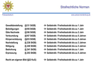 Strafrechtliche Normen

Polizeipräsidium                                                      www.polizei.brandenburg.de




    Gewaltdarstellung   (§131 StGB)       Geldstrafe / Freiheitsstrafe bis zu 1 Jahr
    Beleidigungen       (§185 StGB)       Geldstrafe / Freiheitsstrafe bis zu 1 Jahr
    Üble Nachrede       (§186 StGB)       Geldstrafe / Freiheitsstrafe bis zu 2 Jahr
    Verleumdung         (§167 StGB)       Geldstrafe / Freiheitsstrafe bis zu 5 Jahren
    Körperverletzung    (§223 StGB)       Geldstrafe / Freiheitsstrafe bis zu 5 Jahren
    Nachstellung        (§ 238 StGB)      Geldstrafe / Freiheitsstrafe bis zu 3 Jahren
    Nötigung            (§ 240 StGB)      Geldstrafe / Freiheitsstrafe bis zu 3 Jahren
    Bedrohung           (§ 241 StGB)      Geldstrafe / Freiheitsstrafe bis zu 1 Jahr
    Erpressung          (§ 253 StGB)      Geldstrafe / Freiheitsstrafe bis zu 5 Jahren

    Recht am eigenen Bild (§22 KuG)     Geldstrafe / Freiheitsstrafe bis zu 1 Jahr
 