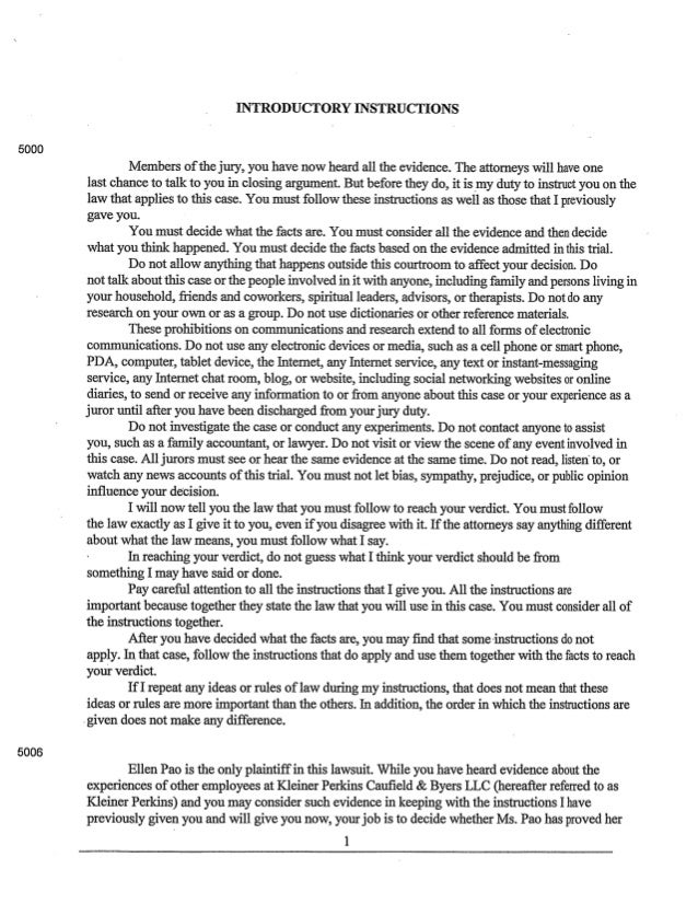 Ellen Pao v. Kleiner Perkins JURY INSTRUCTIONS