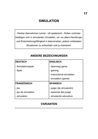 17
SIMULATION
Hierbei übernehmen Lerner - oft spielerisch - Rollen und/oder
betätigen sich in simulierten Umwelten, um vor allem Handlungs-
und Entscheidungsfähigkeit in lebensnahen, jedoch entlasteten
Situationen zu entwickeln und zu trainieren.
ANDERE BEZEICHNUNGEN
DEUTSCH
- Simulationsspiel
- Spiel
ENGLISCH
- (learning) game
- gaming
- instructional simulation
- simulation (game)
FRANZÖSISCH
- jeu
- jeu de simulation
- simulation
SPANISCH
- juego (de simulación)
- sesiones des juego
- simulación educativa
VARIANTEN
 