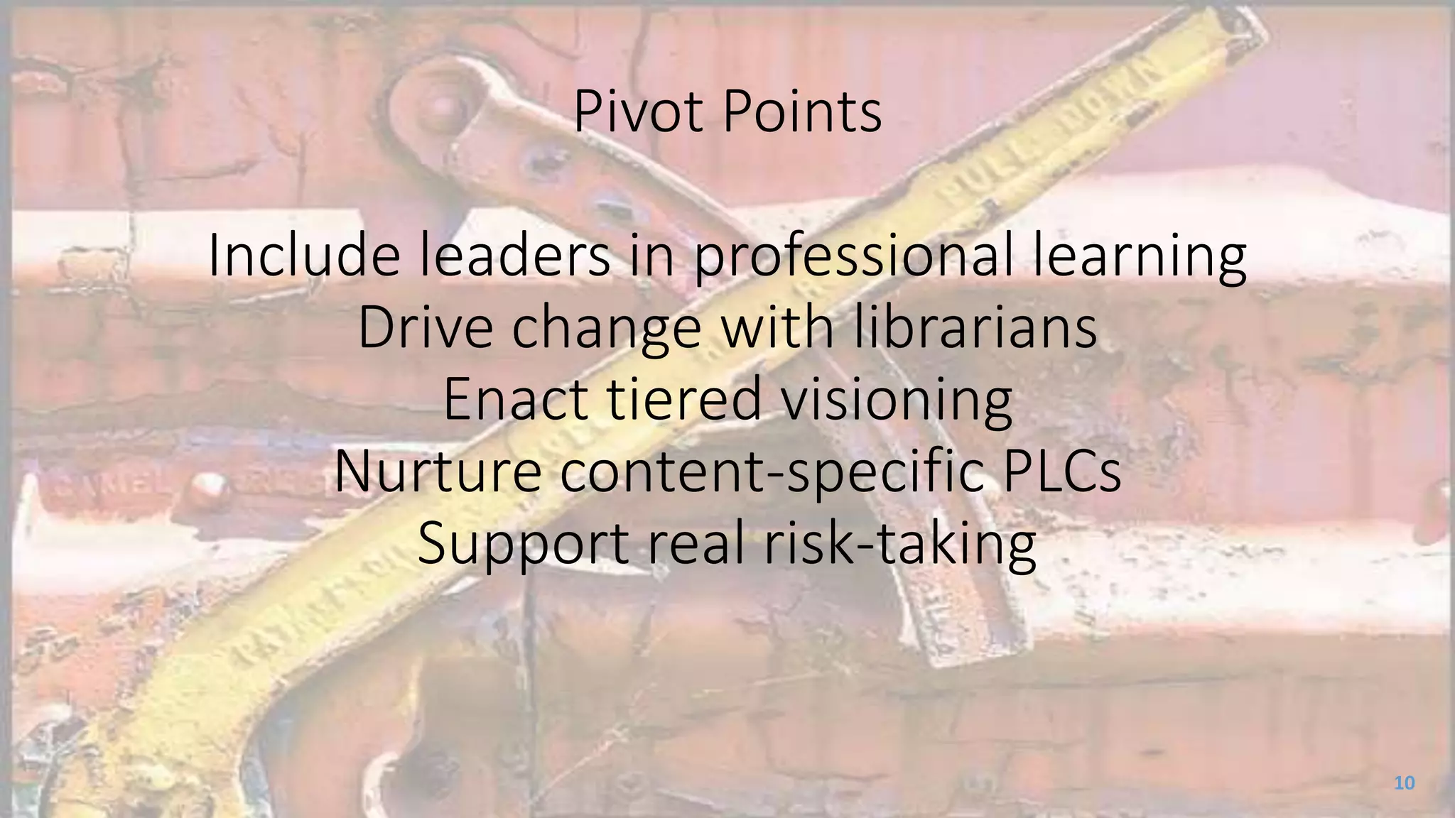 Pivot Points
Include leaders in professional learning
Drive change with librarians
Enact tiered visioning
Nurture content-specific PLCs
Support real risk-taking
10
 