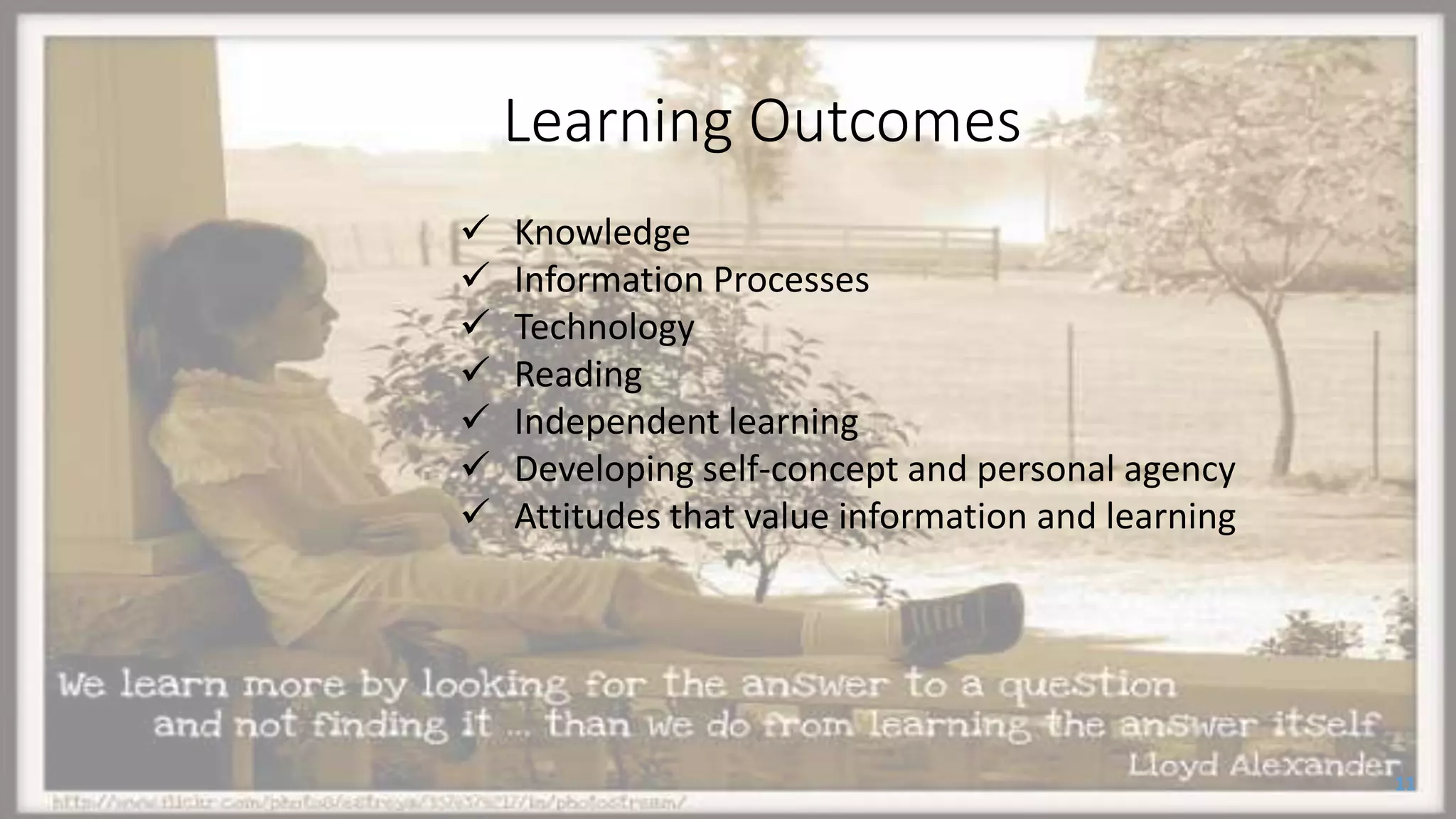 Learning Outcomes
11
 Knowledge
 Information Processes
 Technology
 Reading
 Independent learning
 Developing self-concept and personal agency
 Attitudes that value information and learning
 