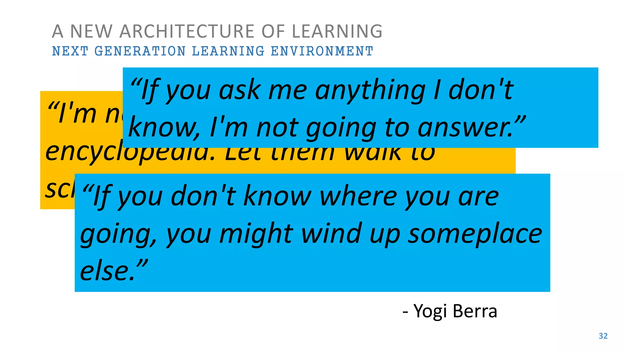 “I'm not going to buy my kids an
encyclopedia. Let them walk to
school like I did.”
A NEW ARCHITECTURE OF LEARNING
NEXT GENERATION LEARNING ENVIRONMENT
- Yogi Berra
“If you don't know where you are
going, you might wind up someplace
else.”
“If you ask me anything I don't
know, I'm not going to answer.”
32
 