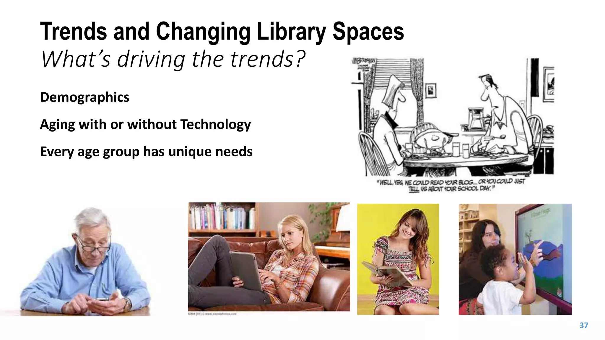 Trends and Changing Library Spaces
What’s driving the trends?
Demographics
Aging with or without Technology
Every age group has unique needs
37
 
