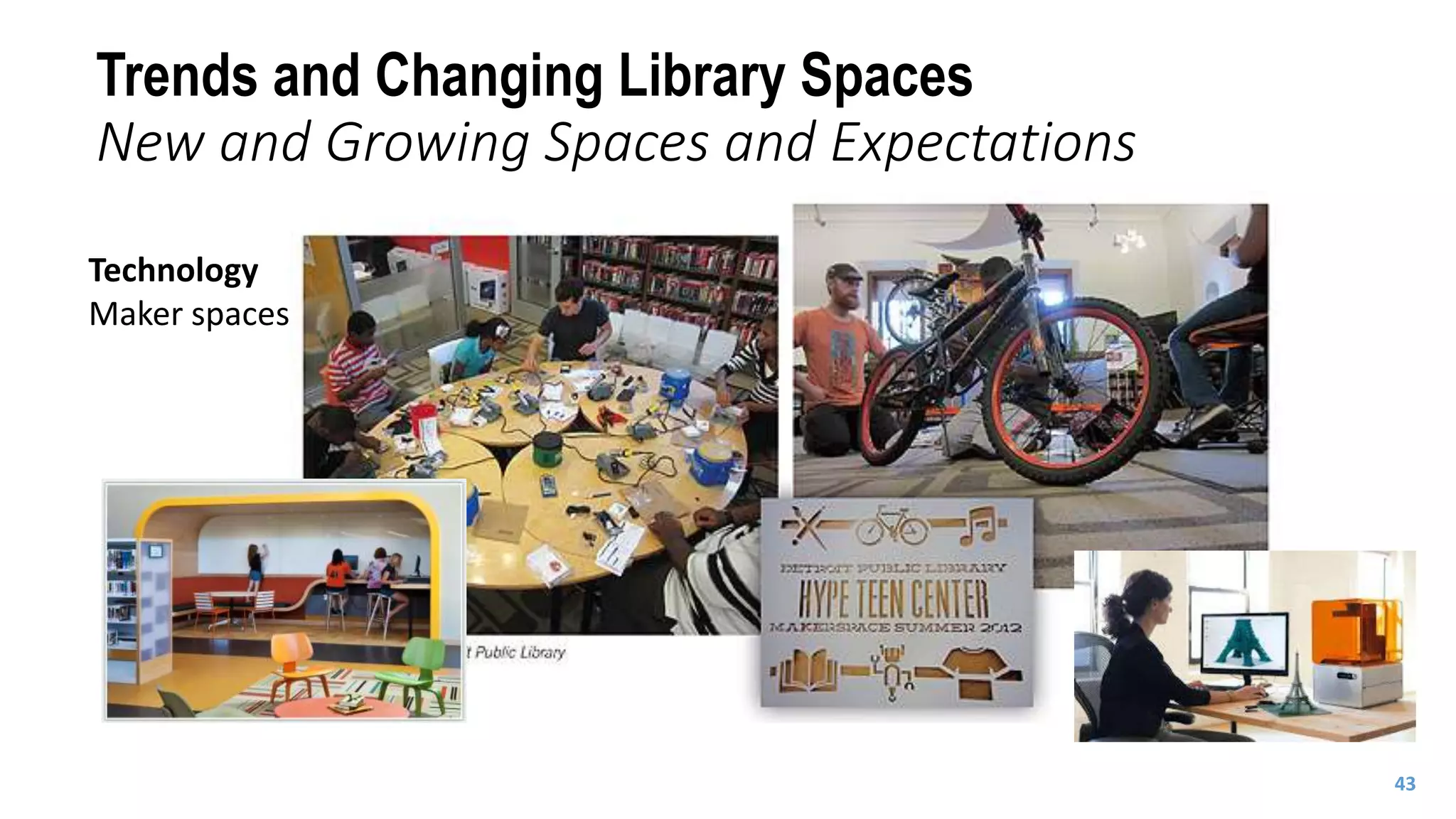 Technology
Maker spaces
Trends and Changing Library Spaces
New and Growing Spaces and Expectations
43
 