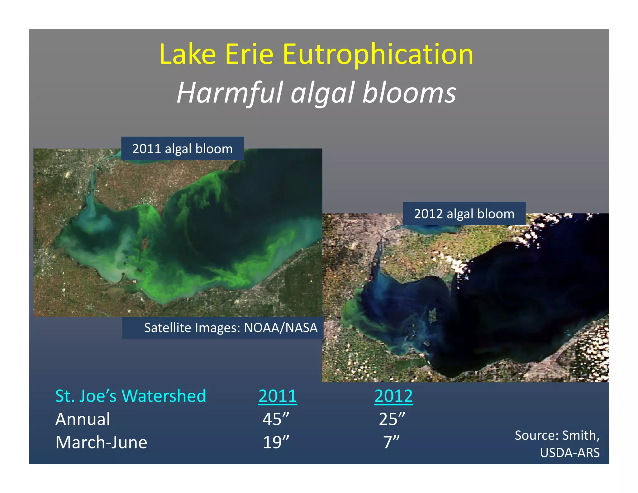 Lake Erie Eutrophication 
Harmful algal blooms
Satellite Images: NOAA/NASA
2012 algal bloom
St. Joe’s Watershed 2011 2012
Annual 45” 25”
March‐June 19” 7” Source: Smith,
USDA‐ARS
2011 algal bloom
 