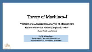 Theory of Machines-I
Velocity and Acceleration Analysis of Mechanisms
Kleins Construction Method(Graphical Method)
Slider Crank Mechanism
Prof. K N Wakchaure
Department of Mechanical Engineering
Sanjivani College of Engineering, Kopargaon
 