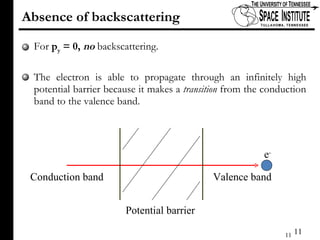 Absence of backscattering For  p y  = 0,   no  backscattering.  The electron is able to propagate through an infinitely high potential barrier because it makes a  transition  from the conduction band to the valence band. Conduction band Valence band e - Potential barrier 