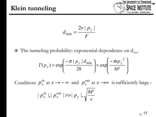 Klein tunneling The tunneling probability: exponential dependence on d min . Condition: 