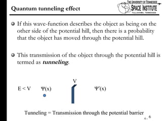 Quantum tunneling effect If this wave-function describes the object as being on the other side of the potential hill, then there is a probability that the object has moved through the potential hill.  This transmission of the object through the potential hill is termed as  tunneling .  Tunneling = Transmission through the potential barrier V Ψ (x) Ψ ʹ (x) E < V 