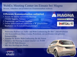 WebEx Meeting Center im Einsatz bei Magna
Bessere, schnellere und produktivere Zusammenarbeit weltweit

Effiziente Kommunikation unlimited
• Einsatz für interne und externe Meetings
  (Vendor, Supplier, Partner)
• Engineering- und Design-Meetings
• Online-Arbeit auch mit Zulieferern, z. B. gemeinsames
  Bearbeiten von Konstruktionszeichnungen


• Weltweites Rollout von Audio- und Web-Conferencing für über 3.800 Mitarbeiter
• Alle Konzernfirmen (Steyr, Cosma, Powertrain, etc) profitieren vom globalen
  Rahmenvertrag
• Training für WebEx Web-Conferening für alle Nutzer
• Zunahme der Nutzung in einem Quartal von 30.000
  auf 100.000 Web-Minuten
• 600 Web Meetings pro Woche
 