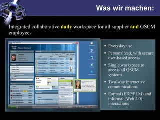 Was wir machen:

Integrated collaborative daily workspace for all supplier and GSCM
employees

                                            Everyday use
                                            Personalized, with secure
                                            user-based access
                                            Single workspace to
                                            access all GSCM
                                            systems
                                            Two-way interactive
                                            communications
                                            Formal (ERP/PLM) and
                                            informal (Web 2.0)
                                            interactions
 