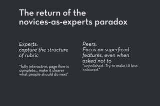 The return of the
novices-as-experts paradox
“fully interactive, page ﬂow is
complete… make it clearer
what people should do next”
Experts:
capture the structure
of rubric
Peers:
Focus on superﬁcial
features, even when
asked not to
“unpolished…Try to make UI less
coloured.”
 