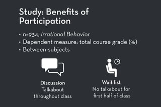 Study: Beneﬁts of
Participation
• n=934, Irrational Behavior
• Dependent measure: total course grade (%)
• Between-subjects
Wait list
No talkabout for
ﬁrst half of class
Discussion
Talkabout
throughout class
 