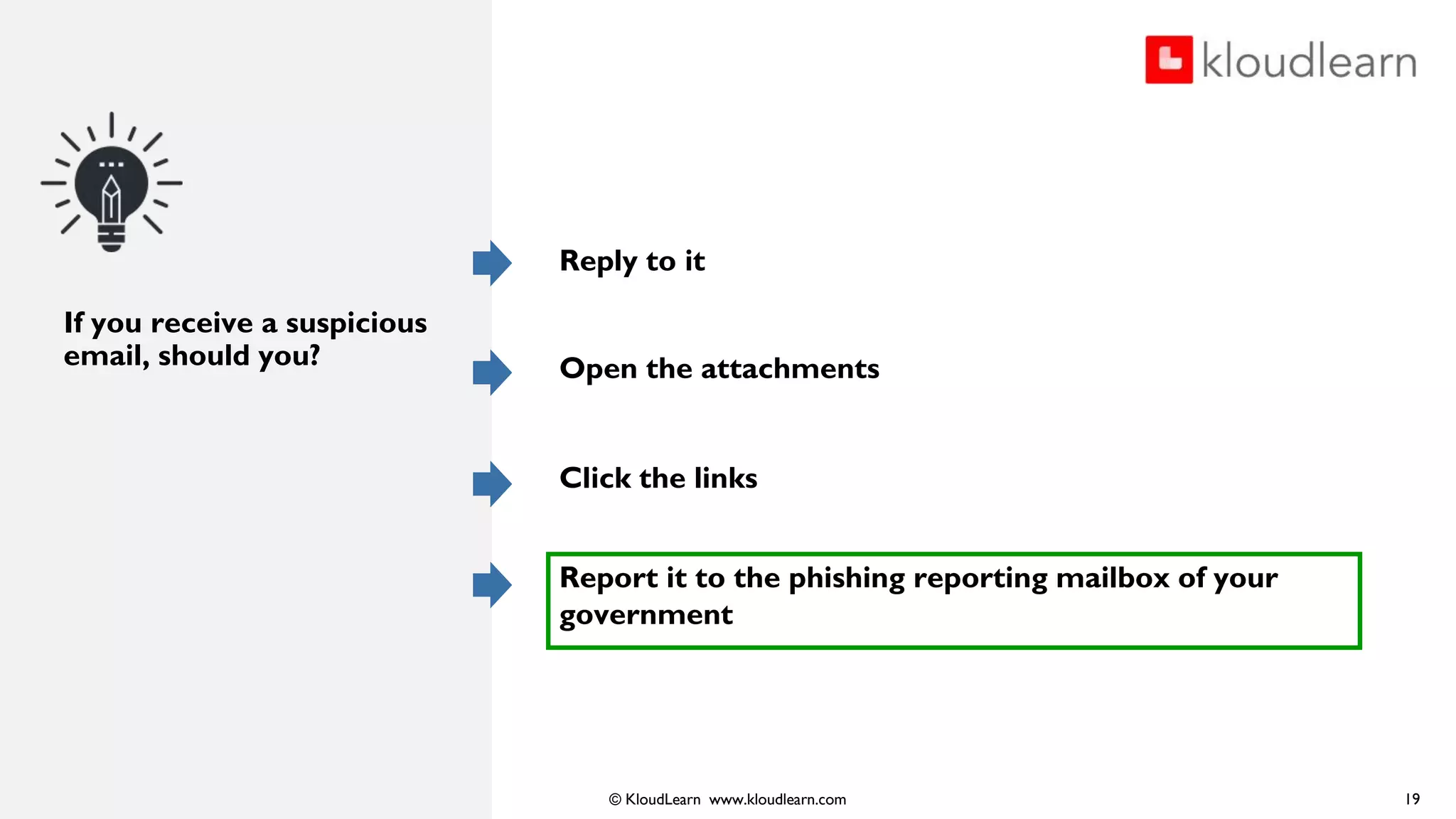 © KloudLearn www.kloudlearn.com
If you receive a suspicious
email, should you?
Reply to it
Open the attachments
Click the links
Report it to the phishing reporting mailbox of your
government
19
 