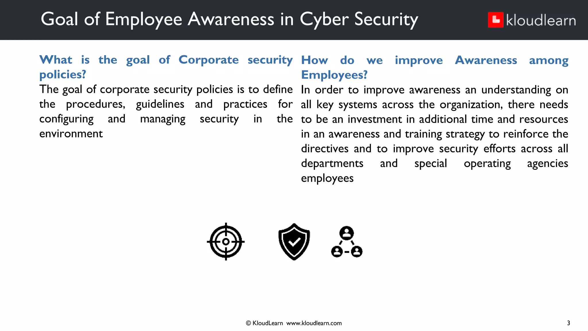 What is the goal of Corporate security
policies?
The goal of corporate security policies is to define
the procedures, guidelines and practices for
configuring and managing security in the
environment
Goal of Employee Awareness in Cyber Security
© KloudLearn www.kloudlearn.com 3
How do we improve Awareness among
Employees?
In order to improve awareness an understanding on
all key systems across the organization, there needs
to be an investment in additional time and resources
in an awareness and training strategy to reinforce the
directives and to improve security efforts across all
departments and special operating agencies
employees
 