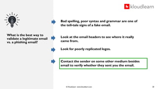 © KloudLearn www.kloudlearn.com
What is the best way to
validate a legitimate email
vs. a phishing email?
20
Bad spelling, poor syntax and grammar are one of
the tell-tale signs of a fake email.
Look at the email headers to see where it really
came from.
Look for poorly replicated logos.
Contact the sender on some other medium besides
email to verify whether they sent you the email.
 