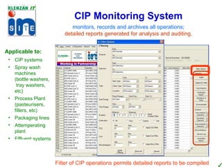 monitors, records and archives  all operations; detailed reports generated for analysis and auditing. CIP Monitoring System Filter of CIP operations permits detailed reports to be compiled Applicable to: CIP systems Spray wash machines  (bottle washers,  tray washers, etc) Process Plant (pasteurisers, fillers, etc) Packaging lines Attemperating plant Effluent systems 