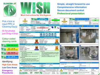 Simple, straight forward to use Or for photos just Drag n’drop Pick n’tick to input PPE or Cleaning Equip Comprehensive information Secure document control Professional presentation Colour coded cleaning cards Identifying: High Care Areas Low Care Areas Emergency Procedures 