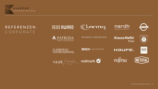 K L E P P E R
  branding & consulting




REFERENZEN
CORPORATE
                          MARKUS HOFMANN




                                           © KLEPPER MARKENBERATUNG 2012 | 18
 