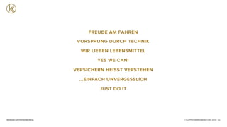 © KLEPPER MARKENBERATUNG 2013 |facebook.com/markenberatung 75
FREUDE AM FAHREN
VORSPRUNG DURCH TECHNIK
WIR LIEBEN LEBENSMITTEL
YES WE CAN!
VERSICHERN HEISST VERSTEHEN
...EINFACH UNVERGESSLICH
JUST DO IT
 