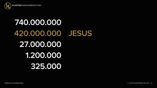 © KLEPPER MARKENBERATUNG 2013 |facebook.com/markenberatung 95
740.000.000
420.000.000
27.000.000
1.200.000
325.000
JESUS
 